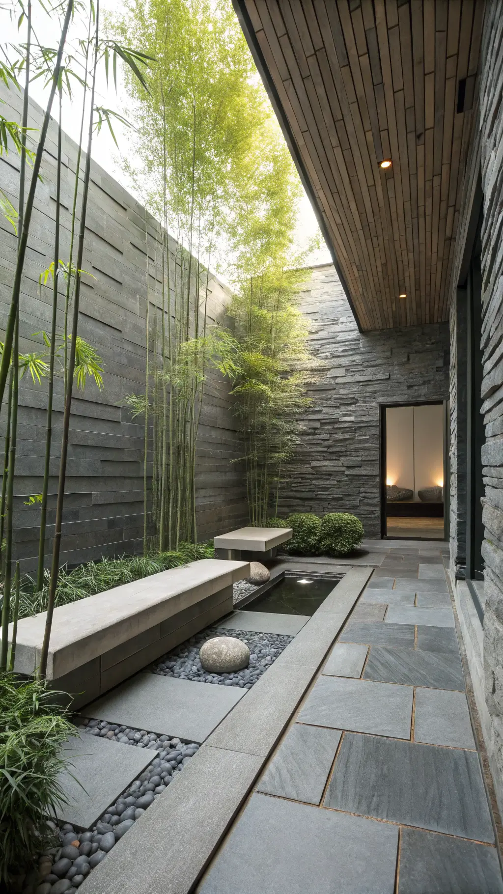Upward view of a 15x15ft Zen courtyard with 12-foot stacked slate walls, bamboo-filtered light, concrete benches, minimalist water feature, and Japanese maples.