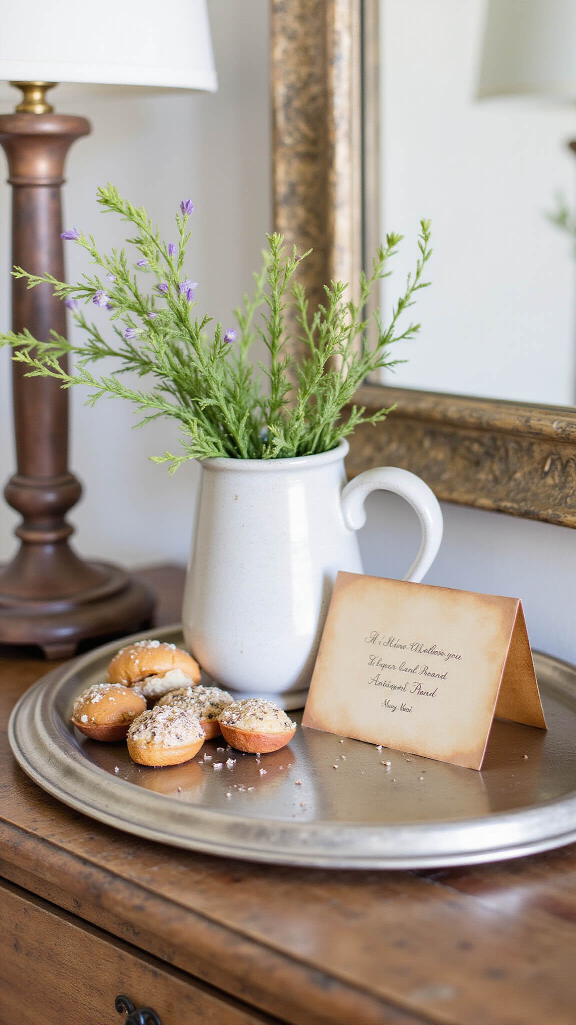 Overhead view of a styled welcome vignette on reclaimed wood console with vintage silver tray, artisanal treats, ceramic pitcher of wildflowers, and handwritten note in soft natural light.