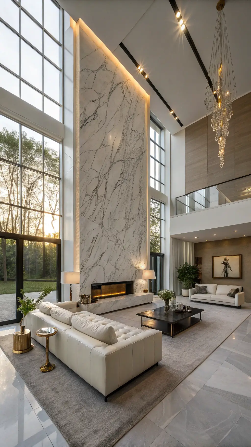 Contemporary 20x30ft living room with 12ft ceilings, marble feature wall, cream leather sectional, slate coffee table, and floor-to-ceiling windows in golden afternoon light.
