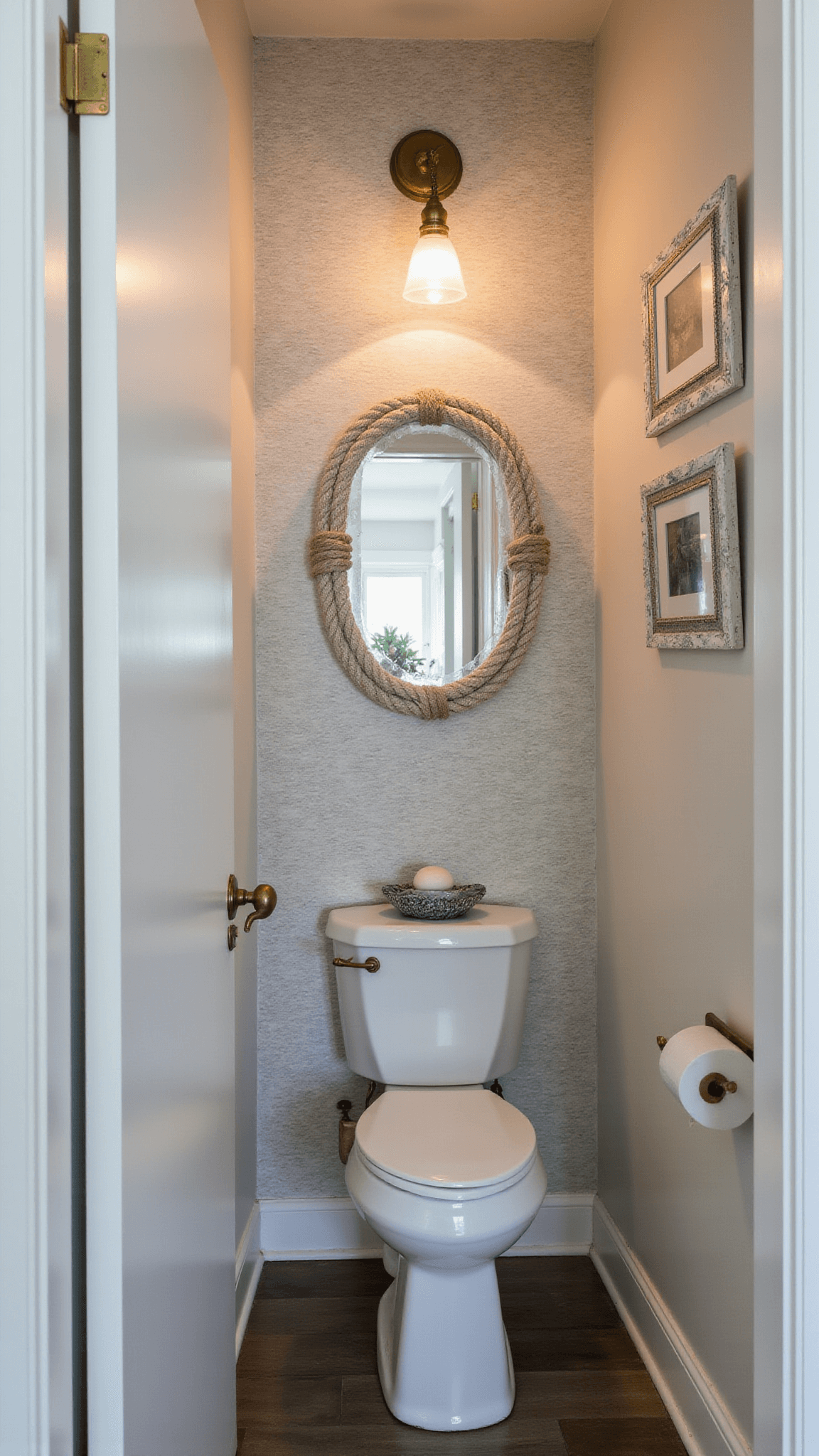 Compact 5'x8' powder room with coastal decor, warm antique brass sconce, textured wave-patterned wallpaper, white pedestal sink, and coastal photos in distressed white frames.