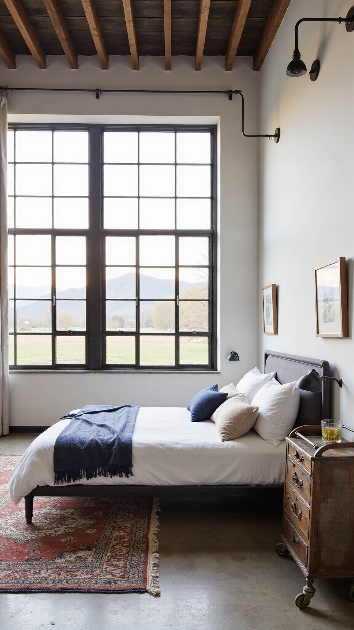 Industrial farmhouse guest room with 16ft ceilings, exposed metal trusses, large factory windows showing mountain view, platform bed with steel frame and greige linen, vintage cart nightstand, layered rugs on concrete floor, warm neutral color palette with indigo accents.