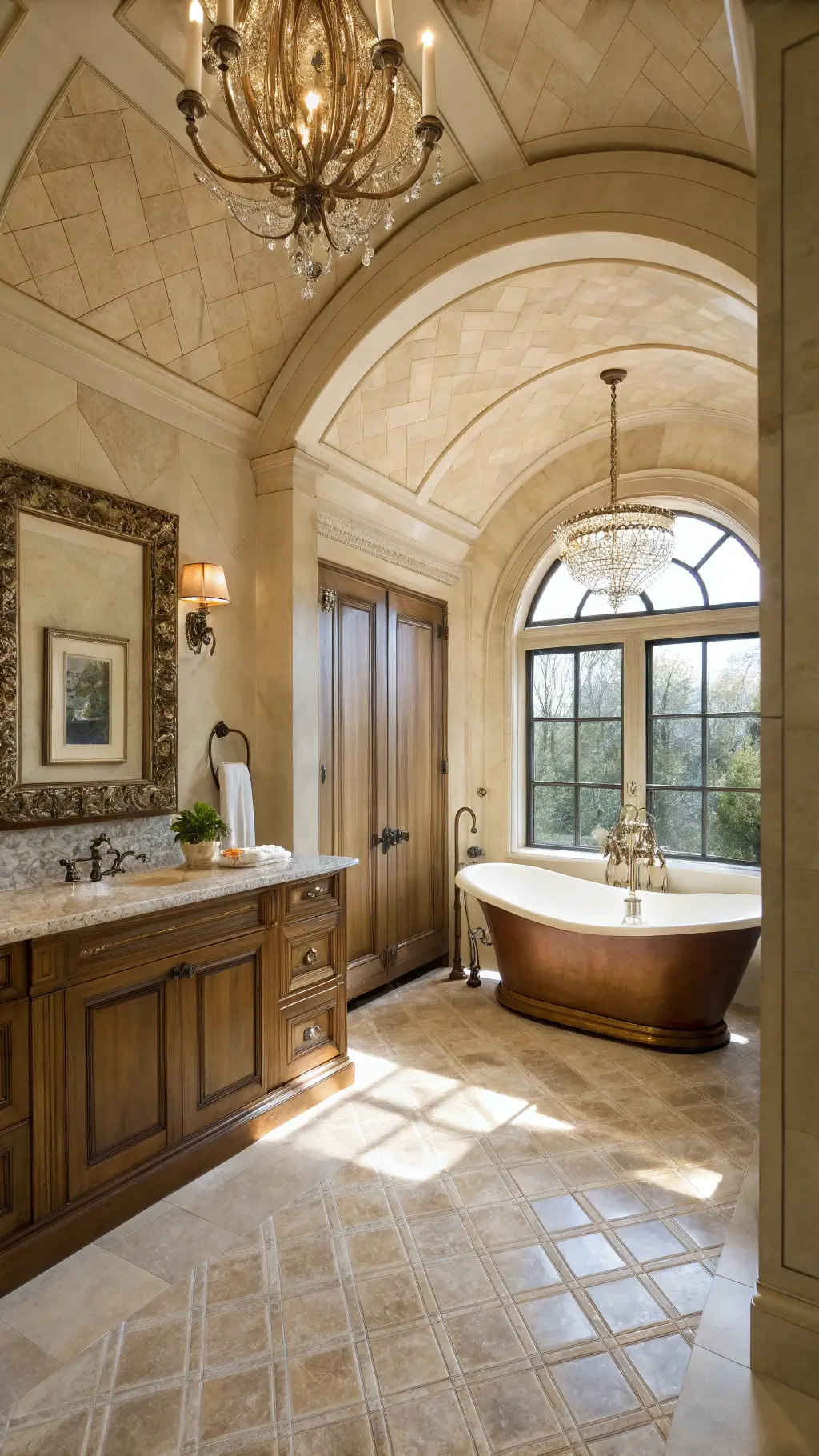 Elegant traditional master bathroom with coffered ceiling, arched doorway, cream and gold book-matched marble vanity wall, travertine herringbone floor, copper soaking tub, crystal chandelier, antique brass fixtures, and burgundy towels in soft early morning light.
