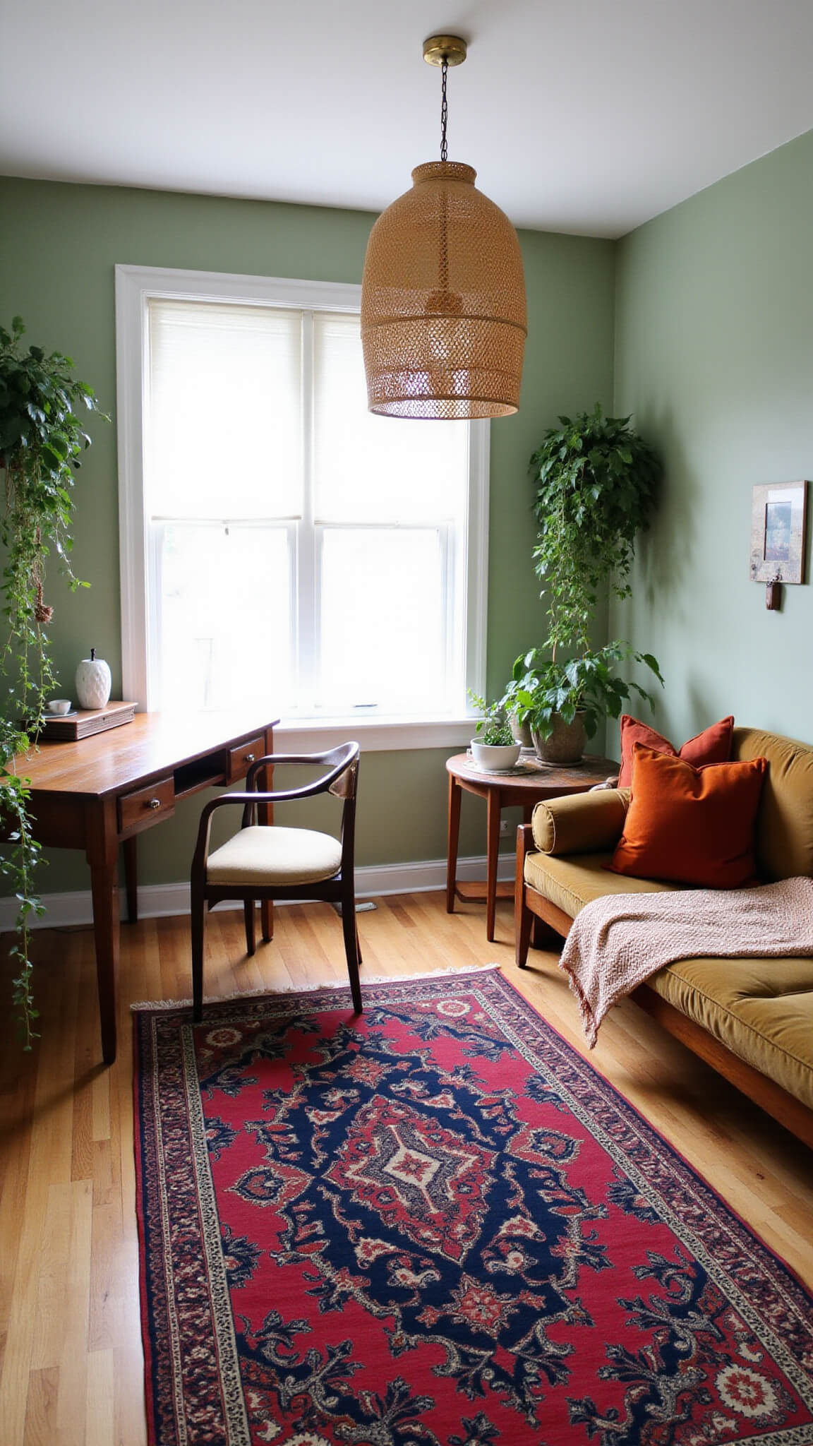 Bohemian-style 10x12ft office-guest room with vintage brass daybed, earth-toned textiles, teak desk, lush hanging plants, and Persian rug under soft natural light.