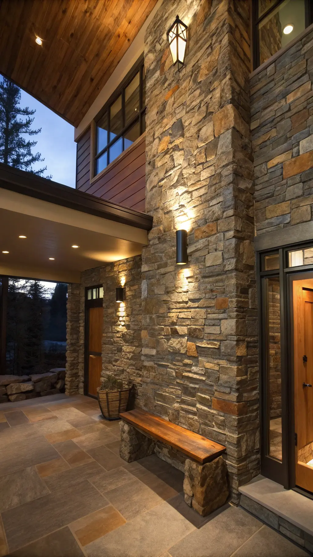 Rustic-modern entryway with double-height ceiling, stacked slate stone accent wall, floating wooden bench, dramatic dusk lighting, and ambient LED glow.