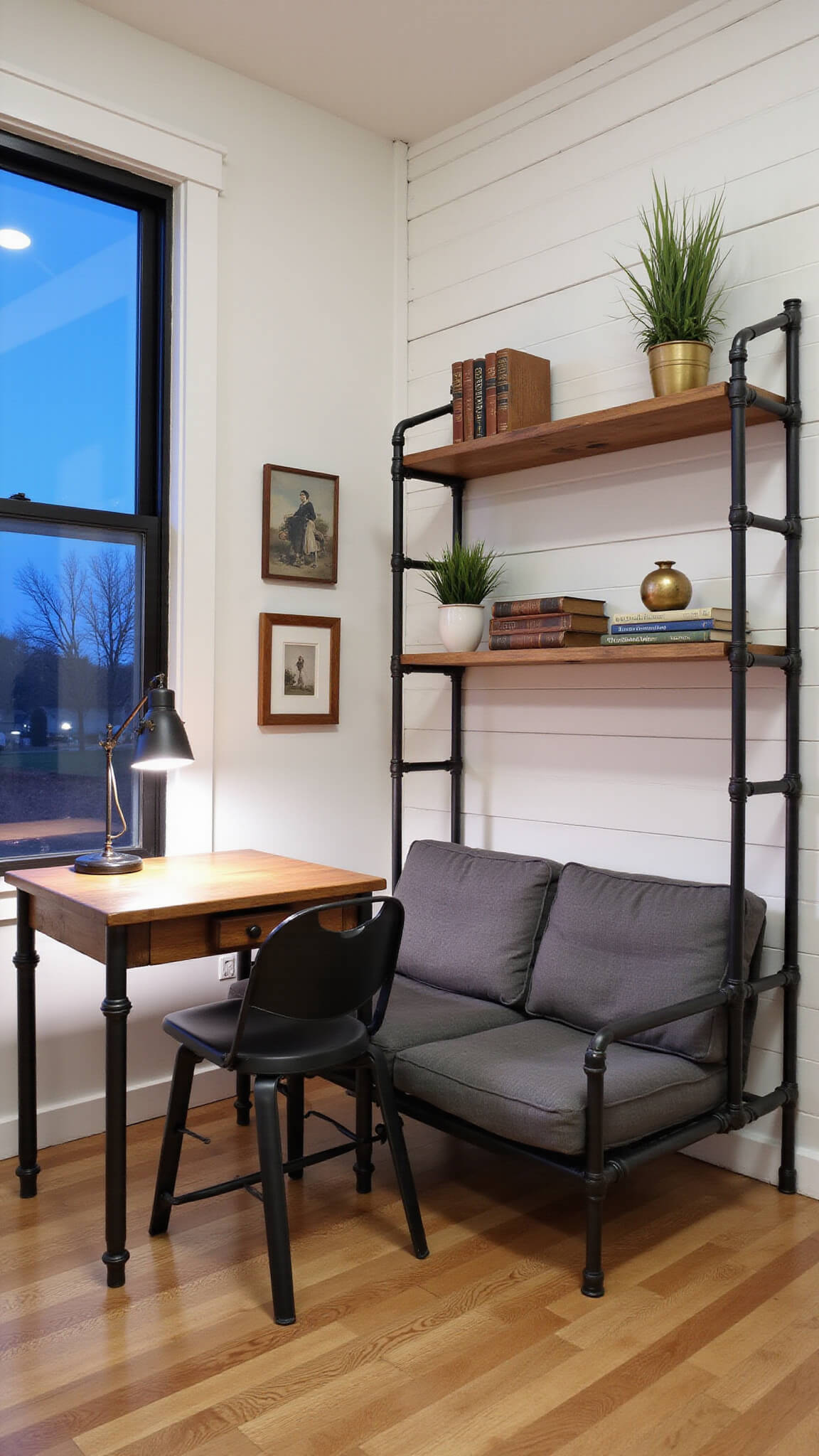 Modern farmhouse guest office with charcoal pull-out sofa, shiplap wall, pipe shelving, reclaimed wood desk, and black steel-framed windows during blue hour.