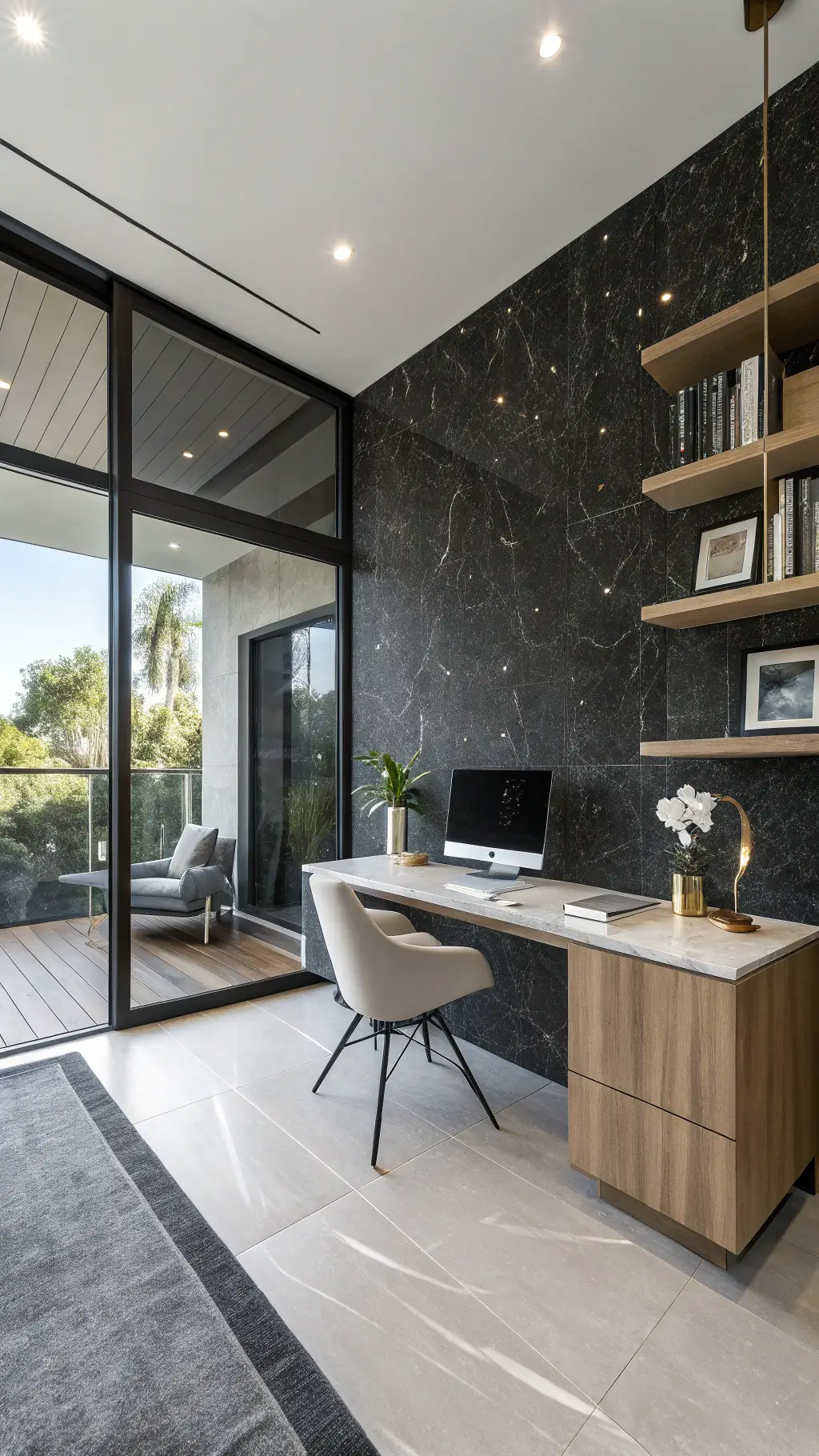 Contemporary 12x14ft home office with floor-to-ceiling deep charcoal granite accent wall, silver flecks sparkling in late morning light, bleached oak floating desk, minimal decor with brass geometric objects and a white orchid.