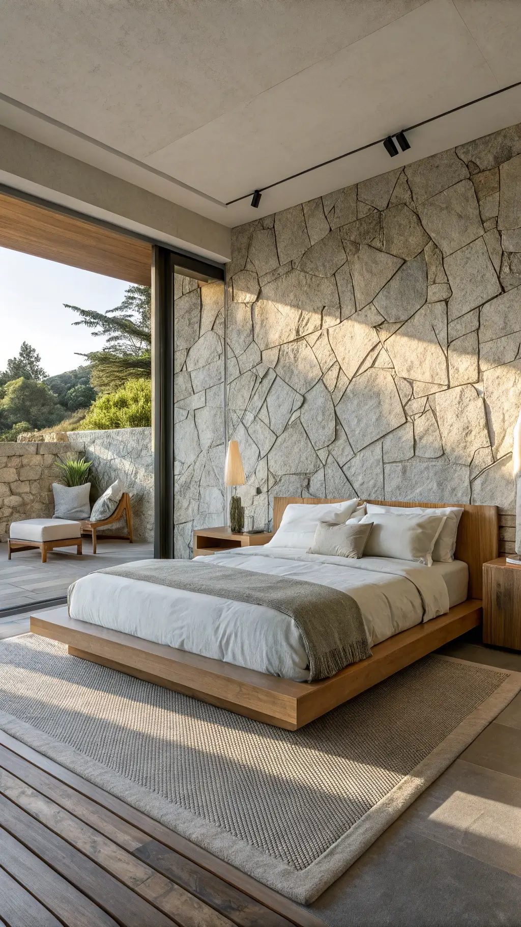 Zen-inspired primary bedroom with split-face marble accent wall, platform bed, low-profile natural furniture, and dawn light casting shadows across textured stone.