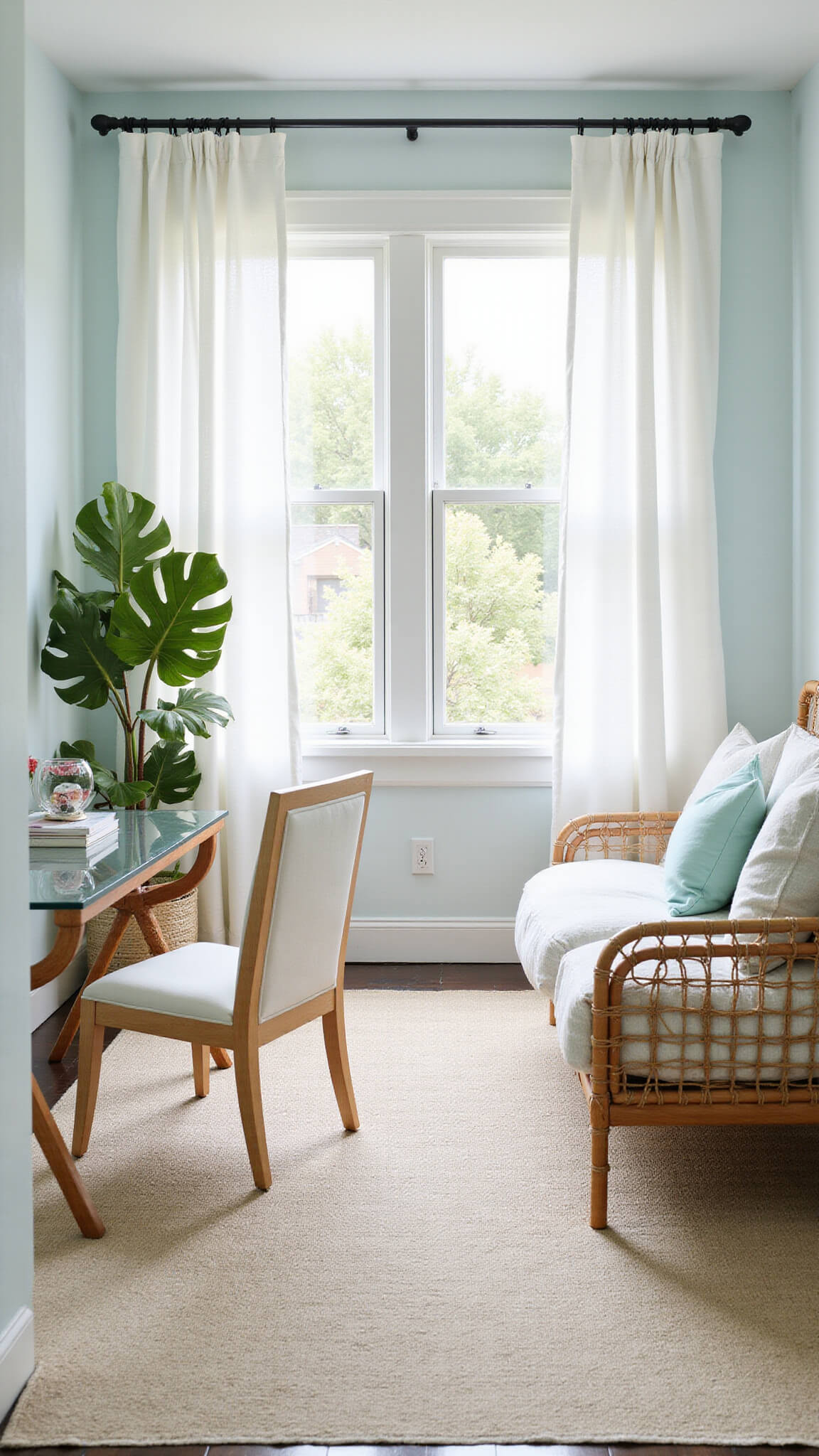 Airy summer guest office with whitewashed walls, rattan daybed, linen curtains billowing from cross-ventilation, glass-top desk, and fiddle leaf figs by window.