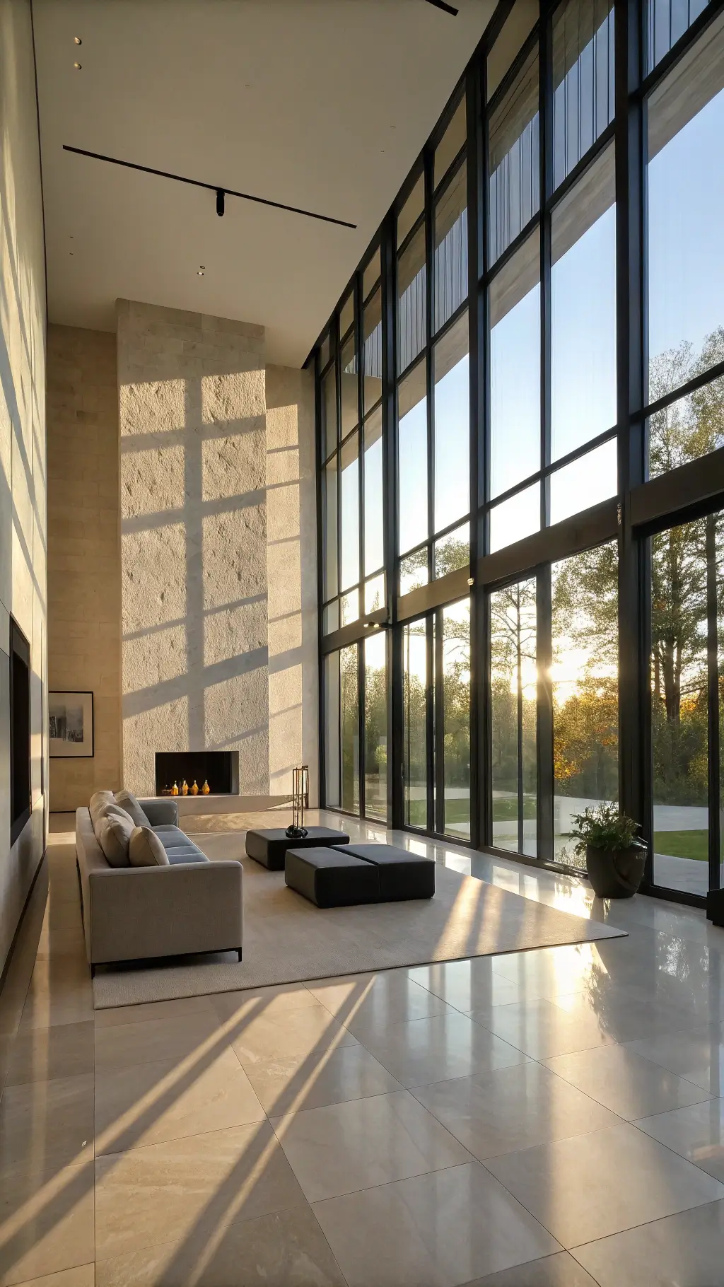 Modern minimalist living room with polished limestone floors, floating granite fireplace, gray linen sofa, marble side tables, and floor-to-ceiling windows casting afternoon light.