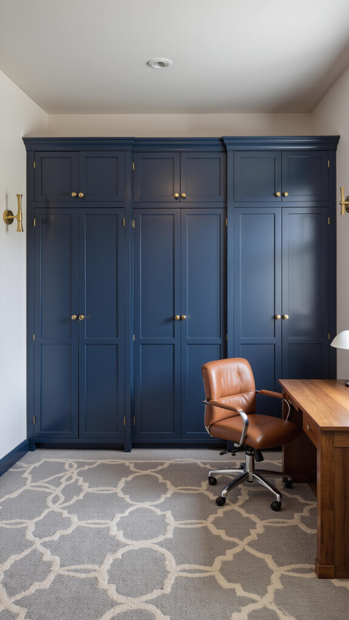 Home office guest suite with navy cabinetry, hidden Murphy bed, walnut desk, leather chair, and art deco lighting, photographed during blue hour.