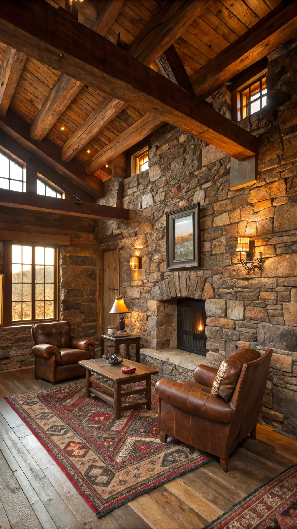 Warm, rustic mountain den with timber beams, stacked stone walls, leather armchairs, Navajo rugs, and golden hour lighting.