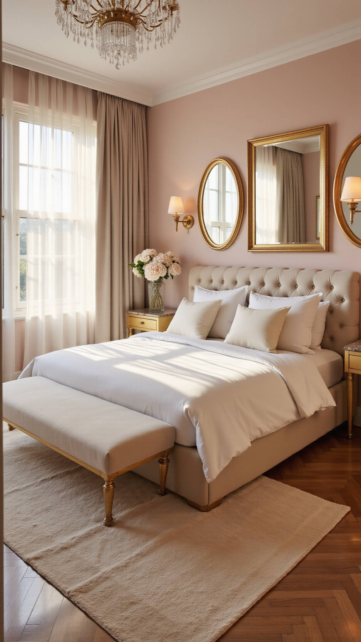 Ethereal blush pink bedroom with champagne tufted headboard, ivory bedding, brass nightstands, and golden hour light filtering through sheer curtains.