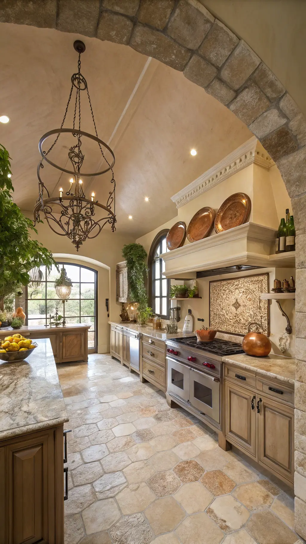Eclectic Mediterranean kitchen with marble counters, tumbled travertine floors, and mosaic limestone backsplash under a 10ft barrel-vaulted ceiling, featuring copper pots, vintage olive jars, and fresh herbs in warm mid-morning light.