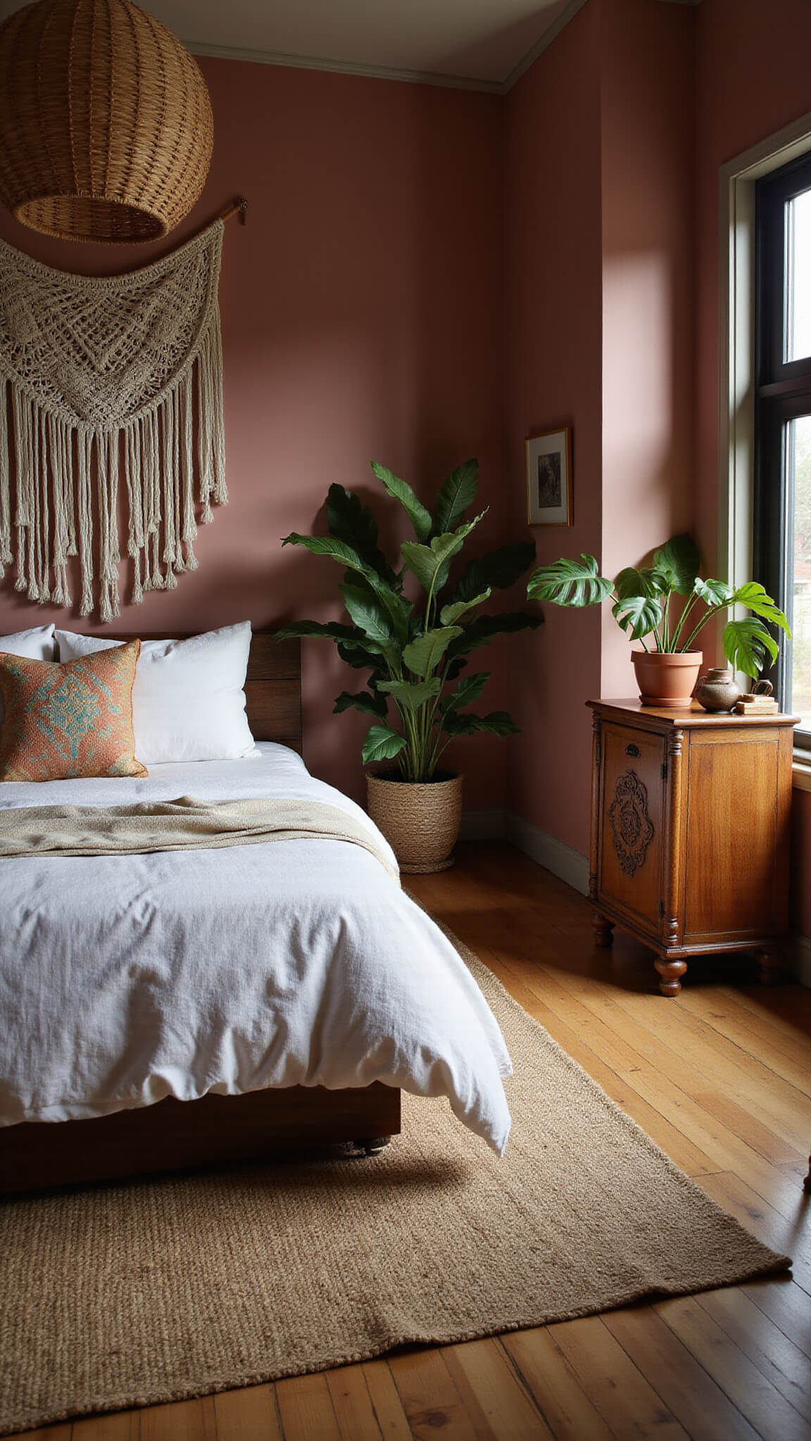 Cozy boho-feminine bedroom with macramé wall art, platform bed, rattan light, monstera plants, and dusty rose accent wall at twilight.