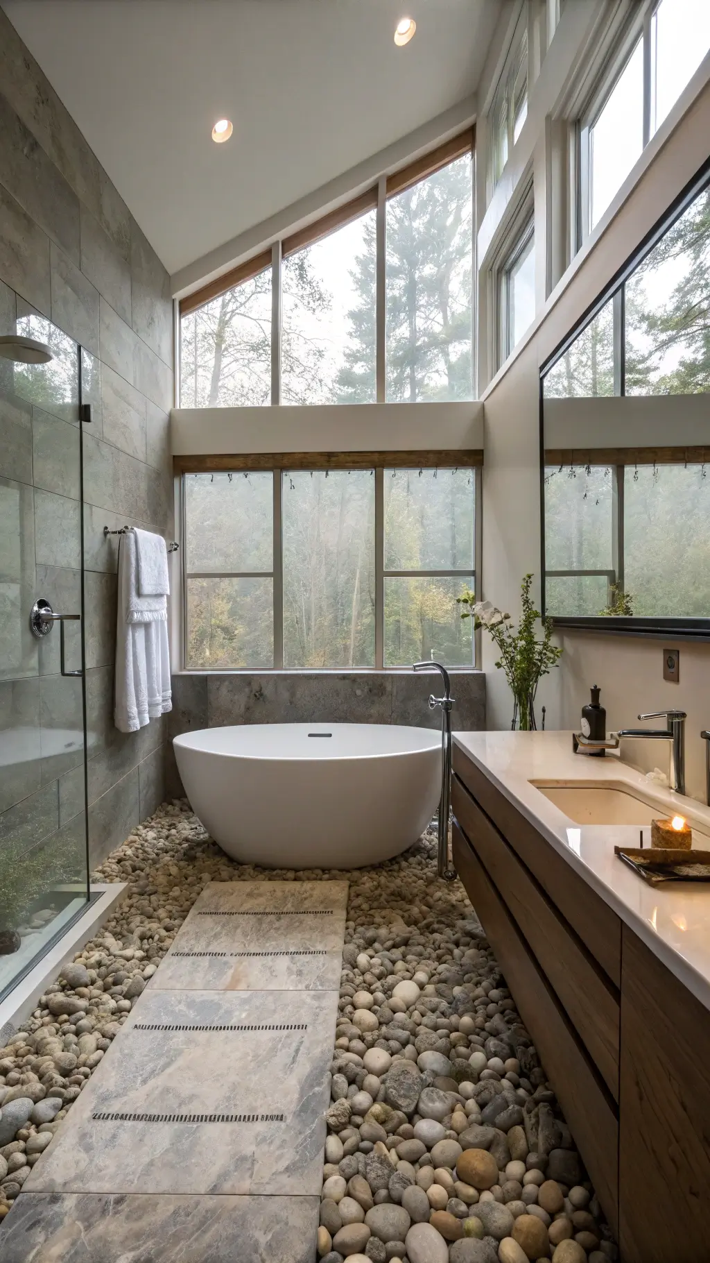 Zen-inspired stone spa bathroom with book-matched marble, river rock floor, freestanding tub, and soft diffused lighting.