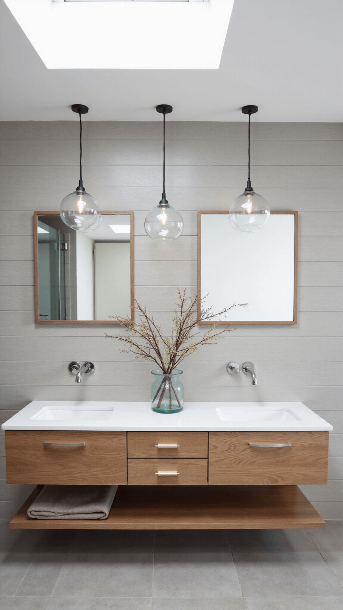 Contemporary coastal bathroom with floating double vanity, bubble glass pendants, warm gray shiplap, large frameless mirror, and eucalyptus in glass vase, lit by skylight.