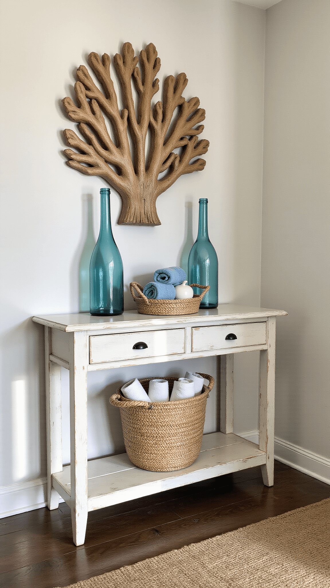 Whitewashed console table with blue glass vases, driftwood, and carved coral wall art in sunlit entryway with jute runner and seagrass basket of beach towels.