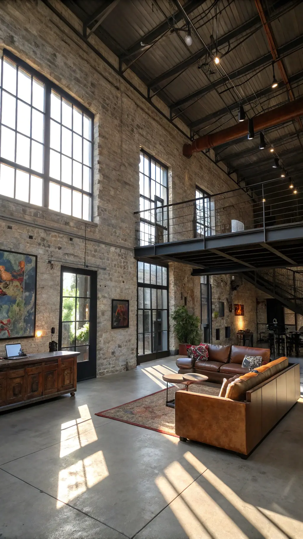 Industrial loft with exposed stone walls, concrete floors, and modern-vintage furniture divided by steel and glass partition, viewed from above in late day urban light.