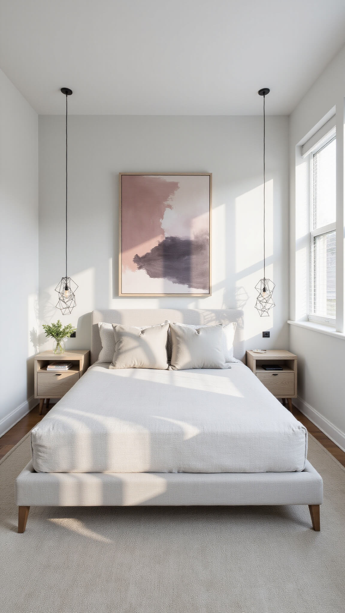 Modern minimalist 16x14ft bedroom with pale gray platform bed, blush abstract art, floating bleached oak nightstands, and geometric pendant lighting.