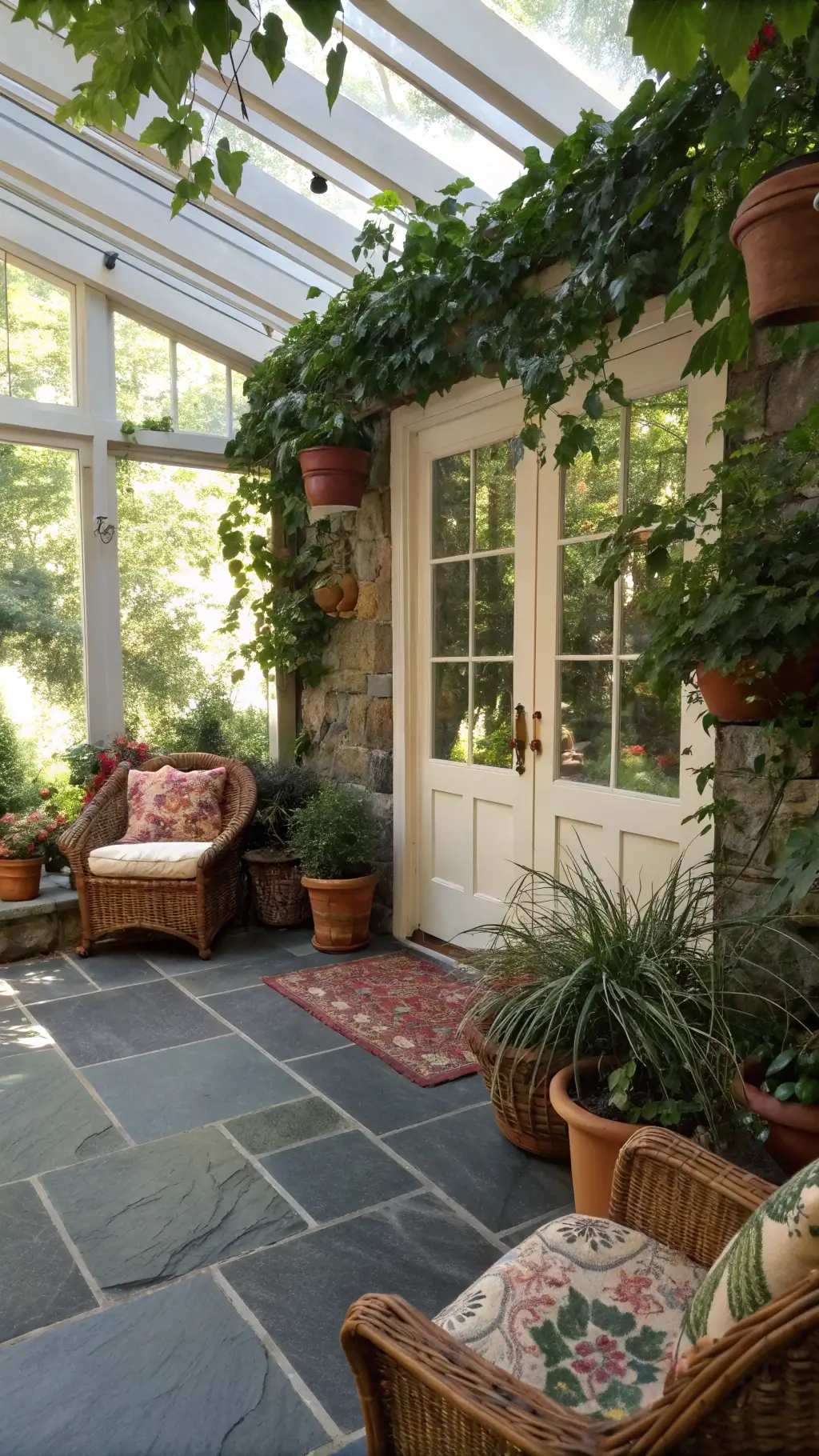 Bohemian sunroom with slate floors, rattan furniture, colorful textiles, abundant plants, and crystal accents in afternoon light.