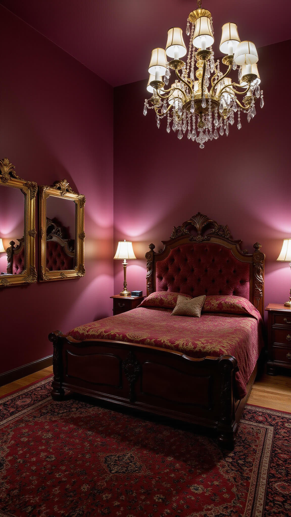 Vintage-inspired bedroom with aubergine walls, antique mahogany bed, jewel-toned bedding, brass chandelier, crystal sconces, and Persian rug, shot from a low angle.