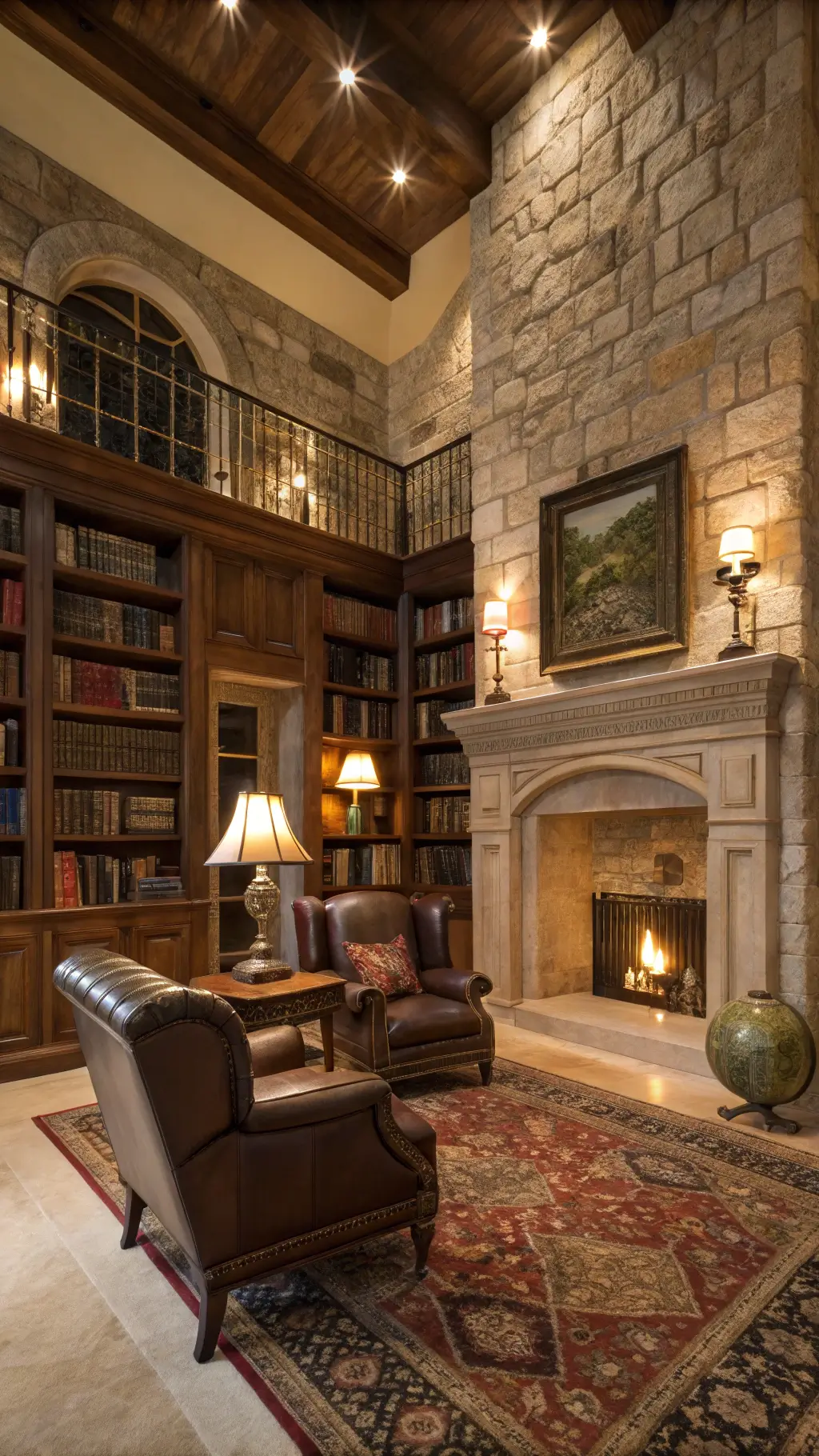 Elegant stone library with limestone fireplace, leather Chesterfield sofa, wingback chairs, marble floors, and warm ambient lighting.