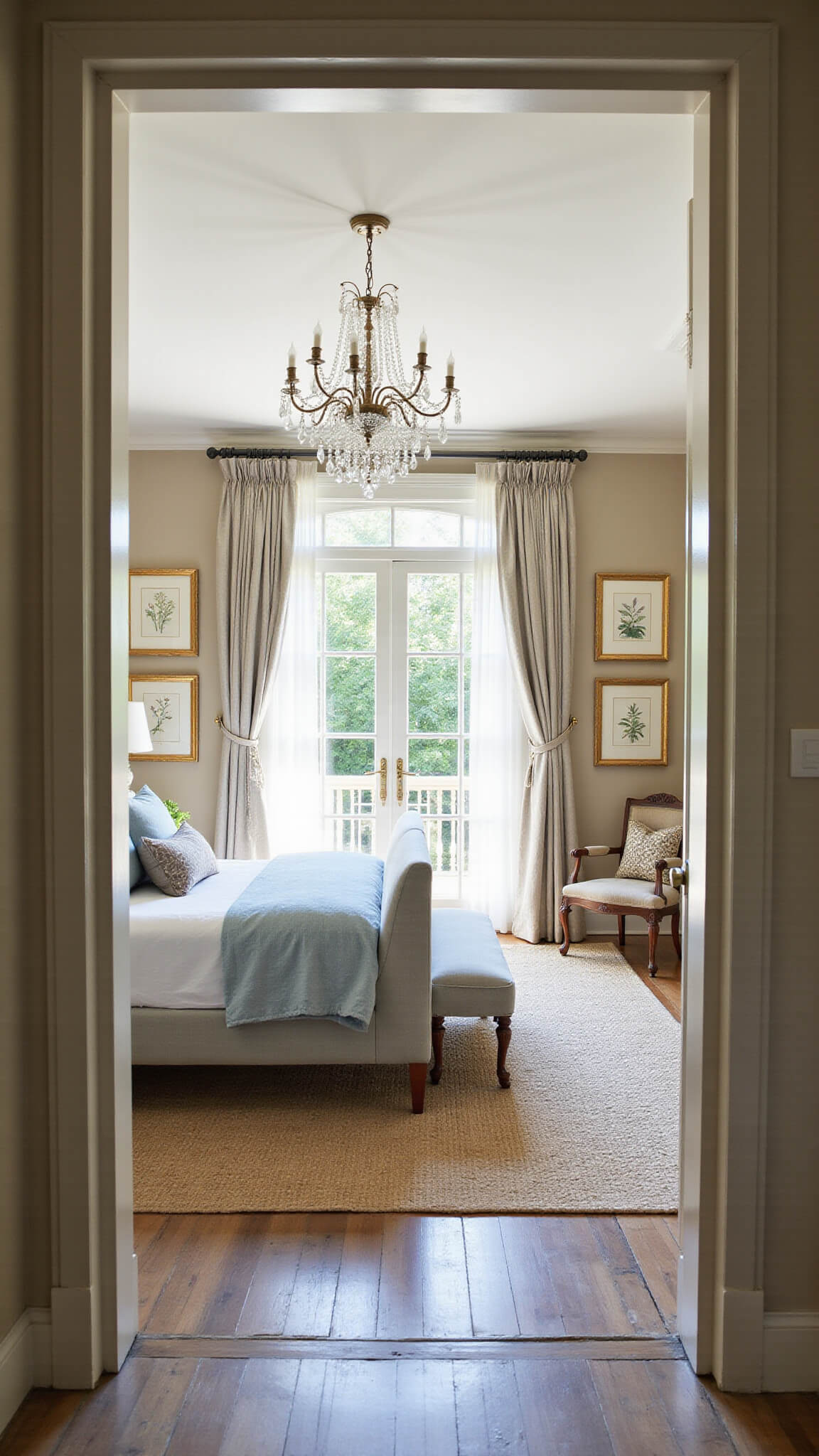 Transitional feminine bedroom with pale blue wingback bed, billowing sheer curtains over French doors to Juliet balcony, vintage chandelier, and botanical prints on warm greige walls.