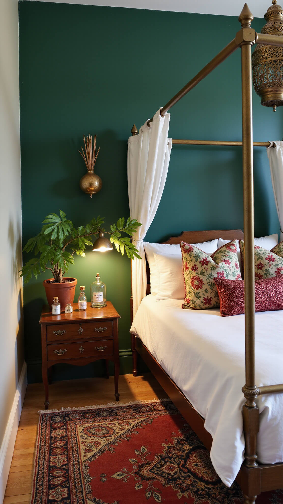 Eclectic feminine bedroom at dusk with emerald accent wall, brass canopy bed, vintage pillows, Moroccan lighting, fiddle leaf fig, layered kilim rug, and Art Deco vanity.