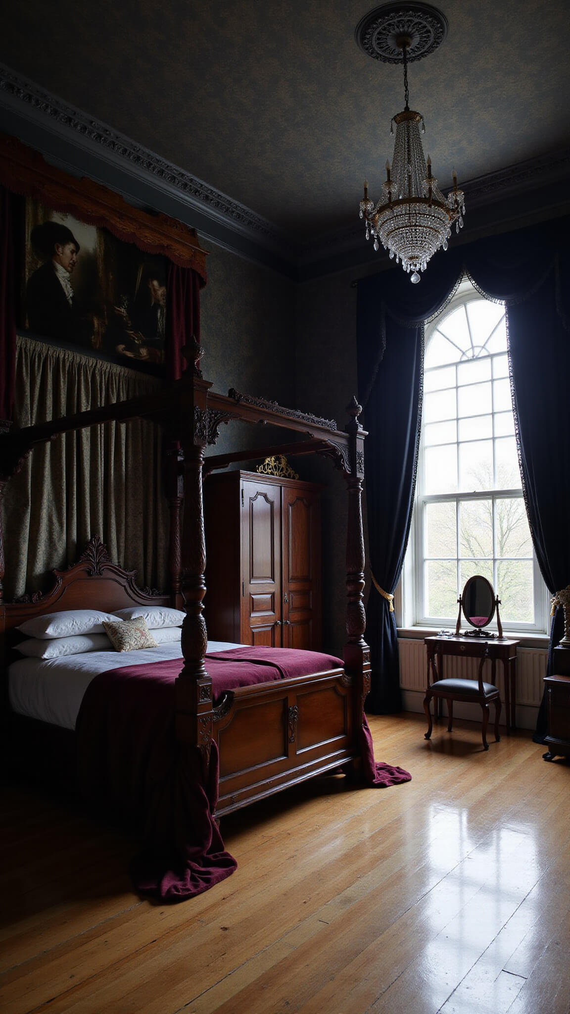 Gothic bedroom with dark walls and 12ft ceilings, featuring a mahogany four-poster bed with burgundy velvet drapes, silver candelabras, arched window with black lace curtains, Victorian furniture, and atmospheric chandelier lighting.