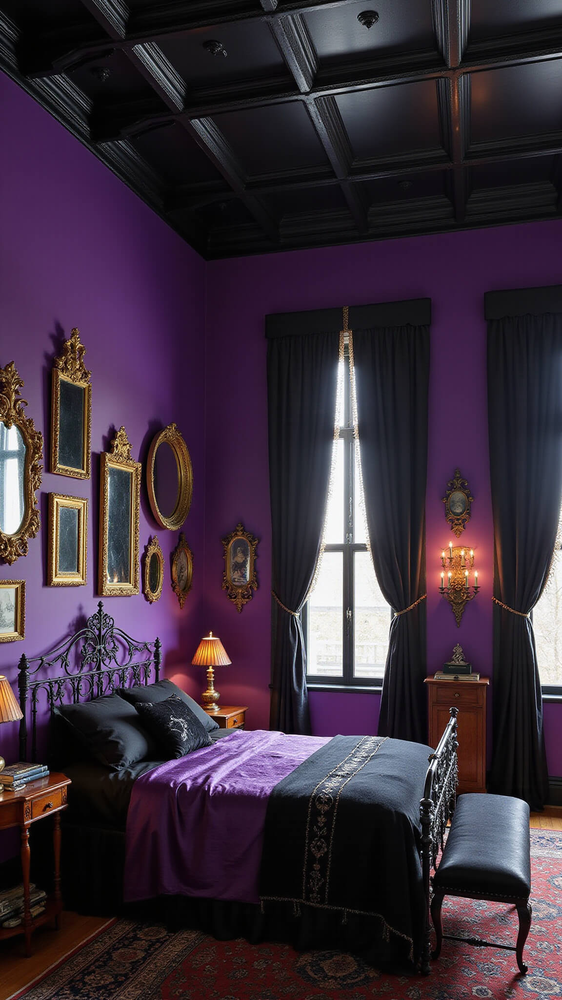 Gothic boudoir corner at midnight with purple walls, black coffered ceiling, wrought-iron bed in silk and velvet, brass sconces, gold-framed mirrors, and antique decor lit by candlelight.