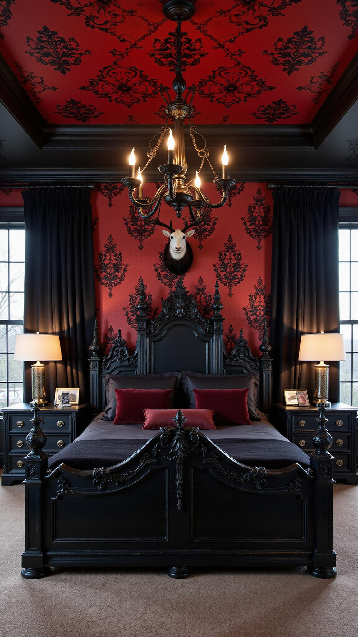Dramatic gothic master bedroom at dusk with red silk wallpaper, ebony furniture, velvet bedding, and moody backlighting.