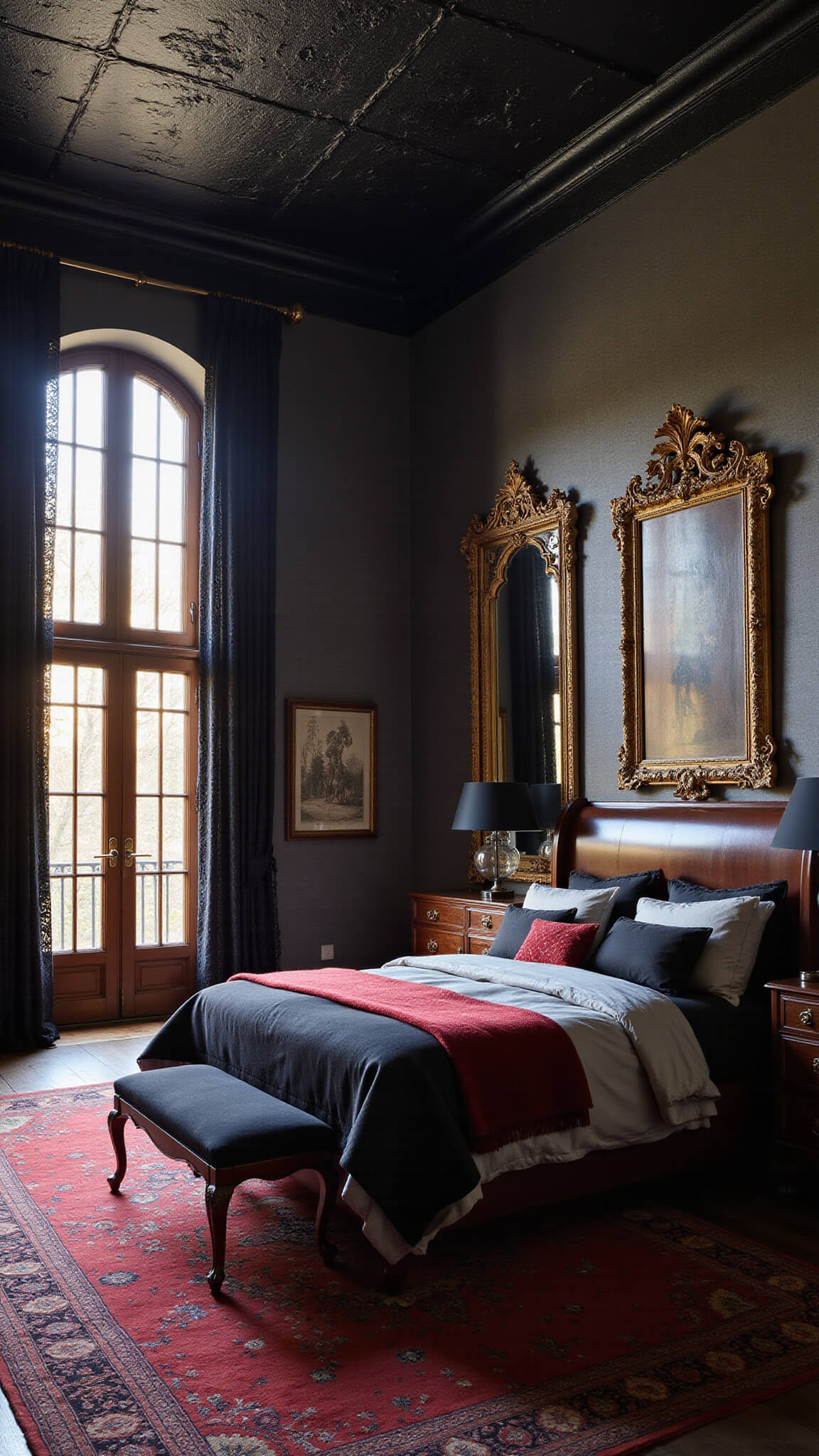 Gothic bedroom at golden hour with mahogany sleigh bed, black and silver silk bedding, charcoal grasscloth walls, black tin ceiling, mercury glass lamps, gilt mirror, antique crosses, and lace-draped French doors.