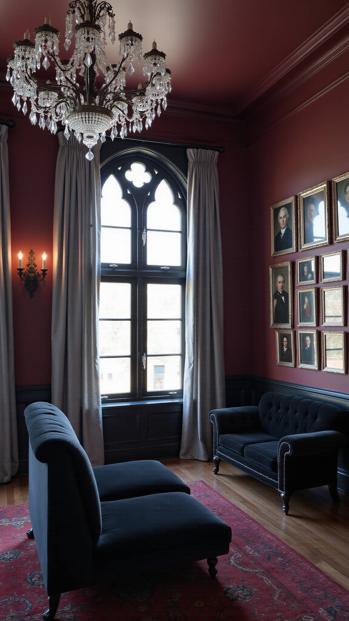 Gothic bedroom with black velvet bed, crystal sconces, and antique décor in cool morning light.