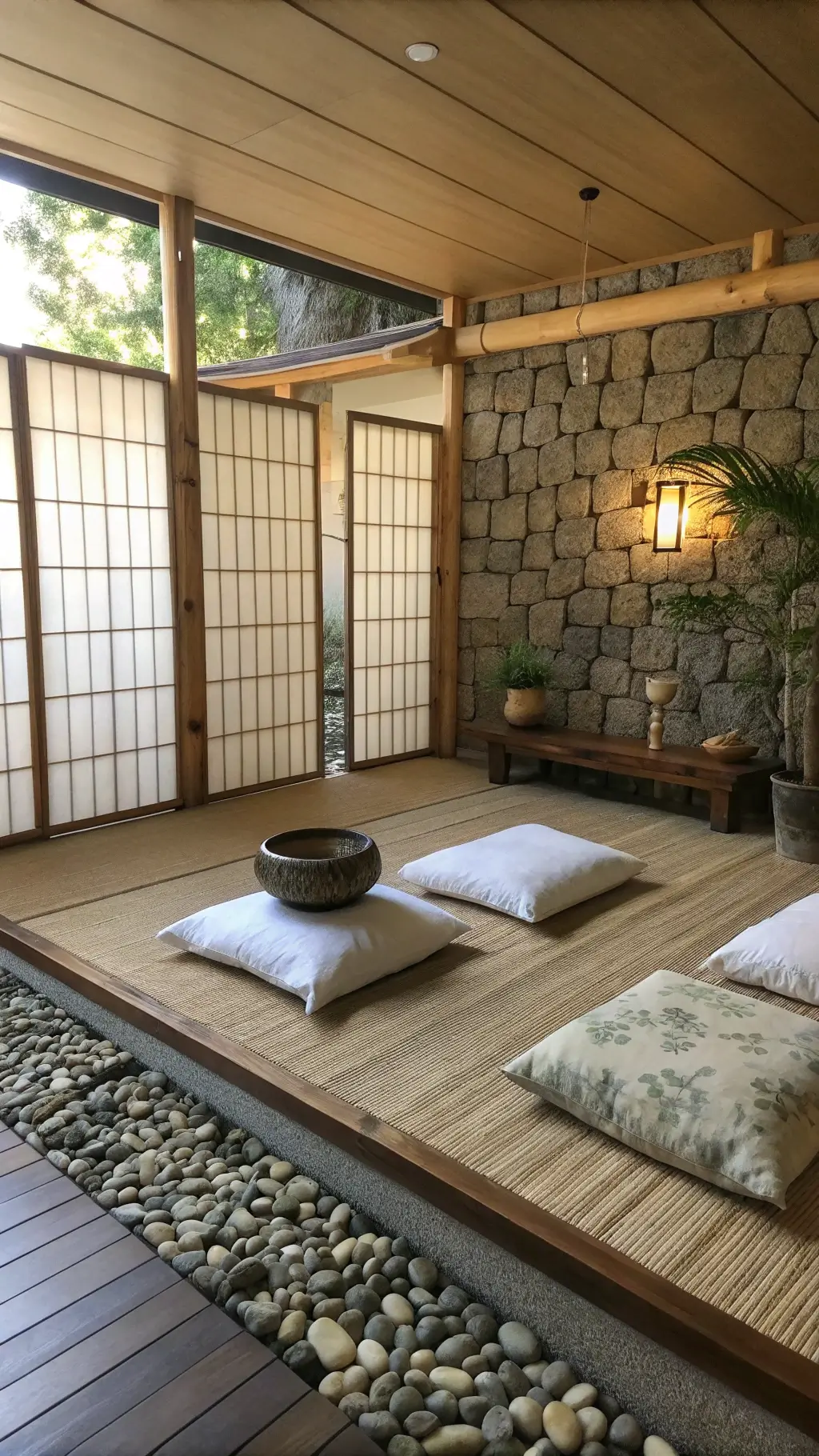 Zen meditation room with stacked pebble wall, soft light through rice paper screens, low platform seating, bamboo flooring, and a brass singing bowl on a stone shelf.