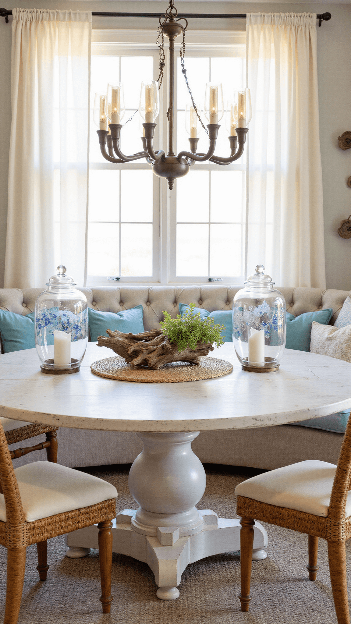 Coastal dining space with round whitewashed table, rattan chairs, and upholstered bench under statement chandelier, styled with blue-and-white ginger jars and driftwood centerpiece, glowing in golden hour light through sheer drapes.