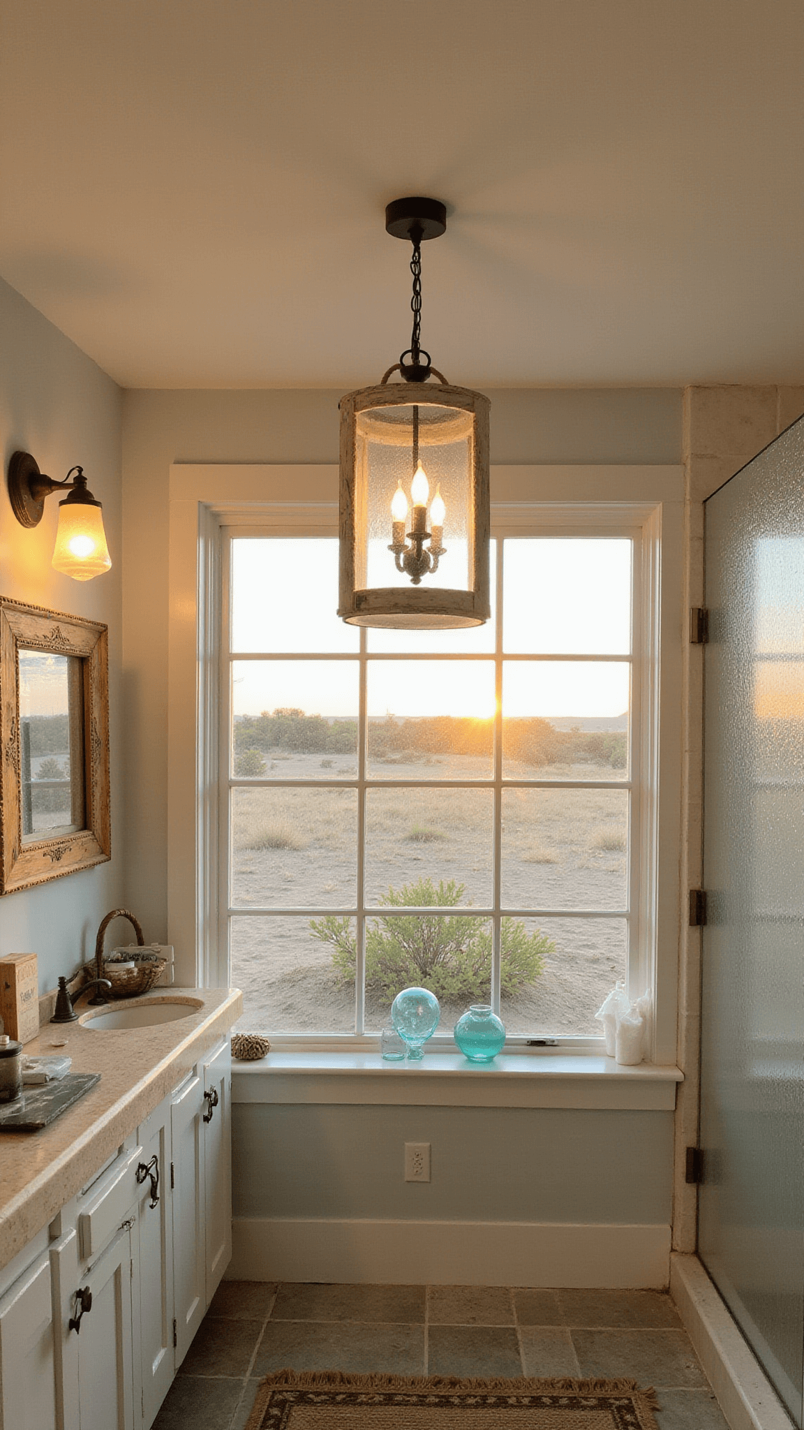 Low-angle view of rustic beach cottage bathroom with pebble tile floor, rope-accented lantern chandelier, reclaimed wood mirror, bronze sconces, glass shower, and vintage fishing floats on window sill bathed in sunset light.