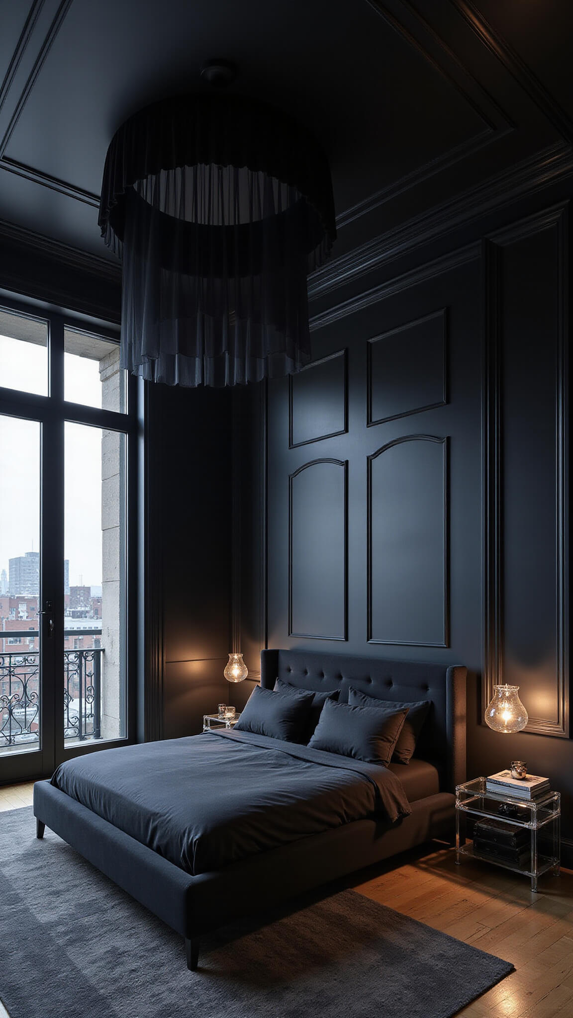 Cinematic high-angle view of a contemporary Gothic bedroom at night with matte black walls, sheer canopy bed, chrome lighting, and cityscape through geometric windows.