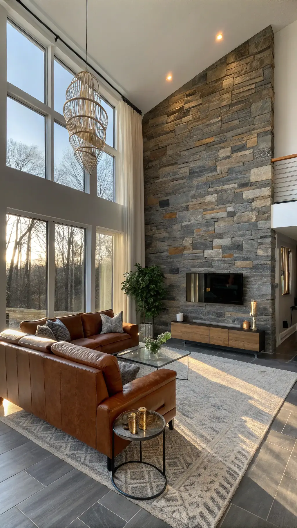 Modern living room with slate accent wall, mid-century cognac leather sofa, and floor-to-ceiling windows lit by golden hour sunlight.