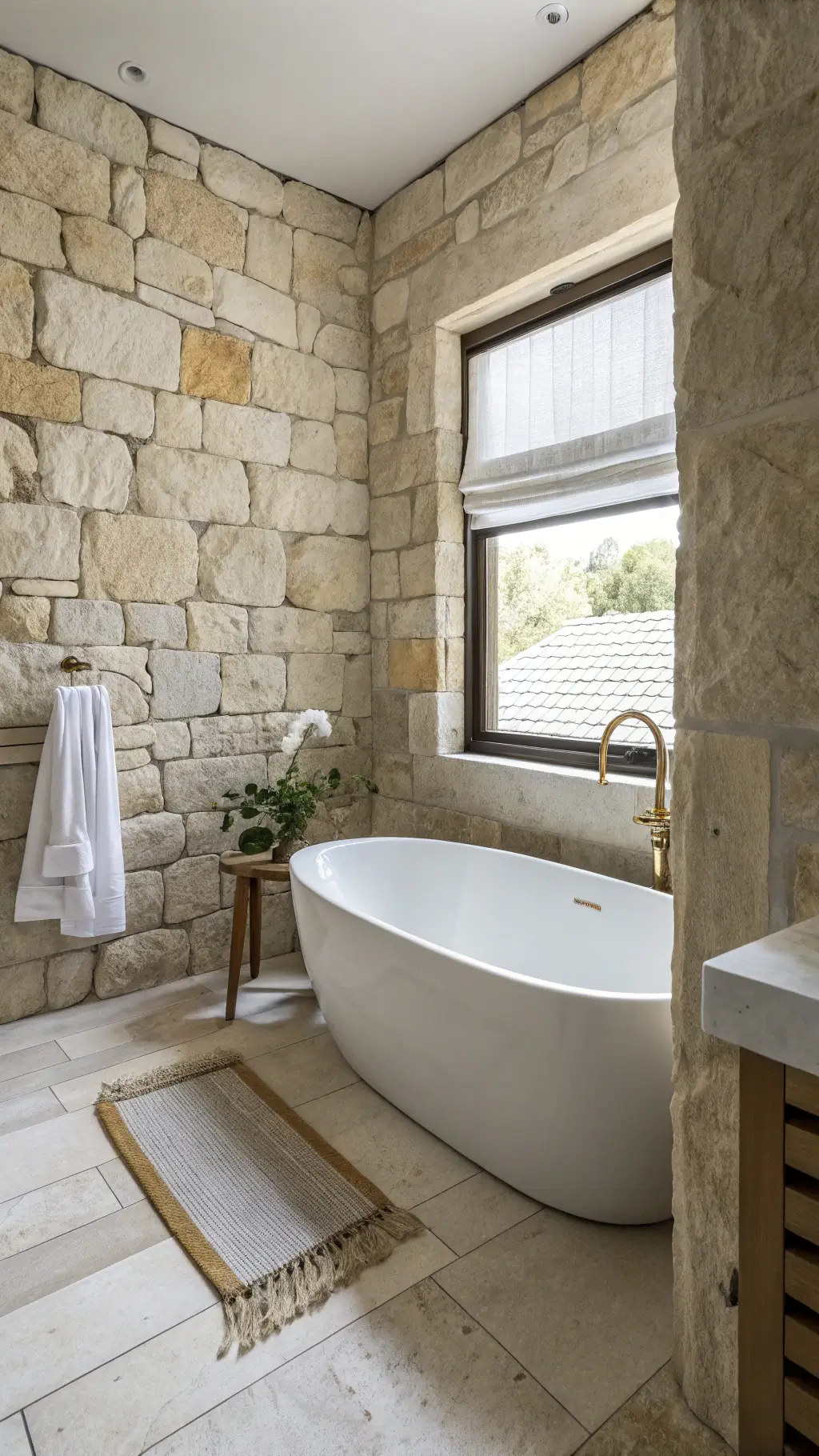 Minimalist stone bathroom with limestone walls, floating vanity, white oval tub, and brass fixtures, lit by soft morning light through frosted window.