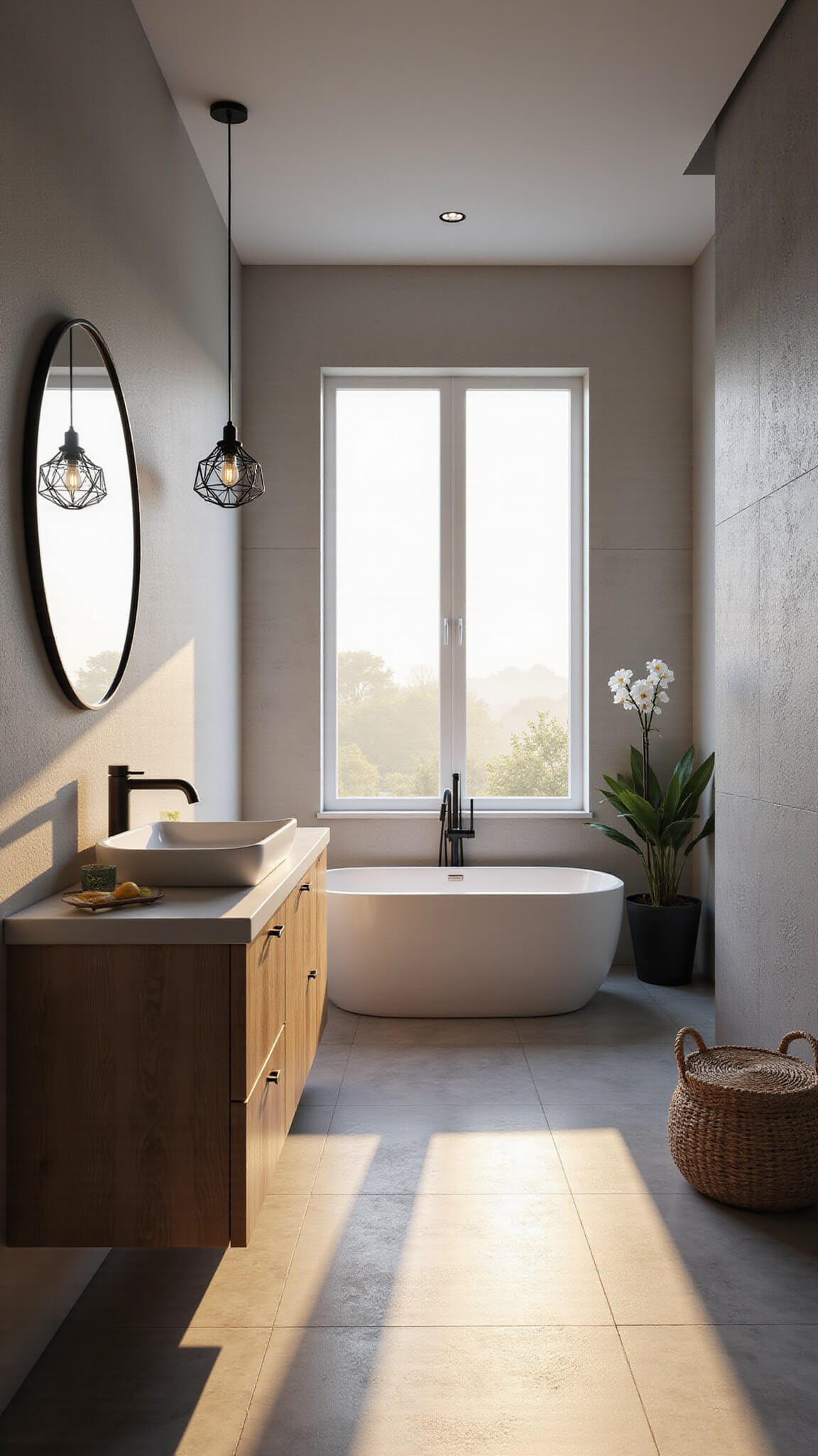 Luxurious modern minimalist bathroom with marble tub, floating oak vanity, and golden hour lighting.