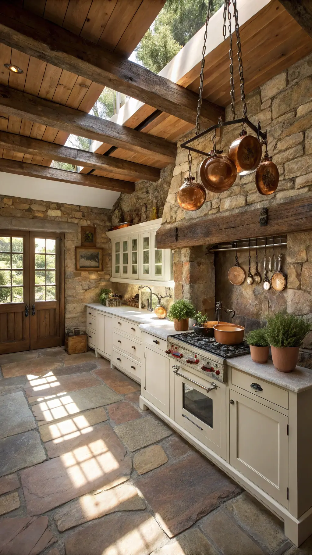 Rustic farmhouse kitchen with exposed wooden beams, quartzite stone walls, white shaker cabinets, butcher block island, and vintage copper pots under skylight.