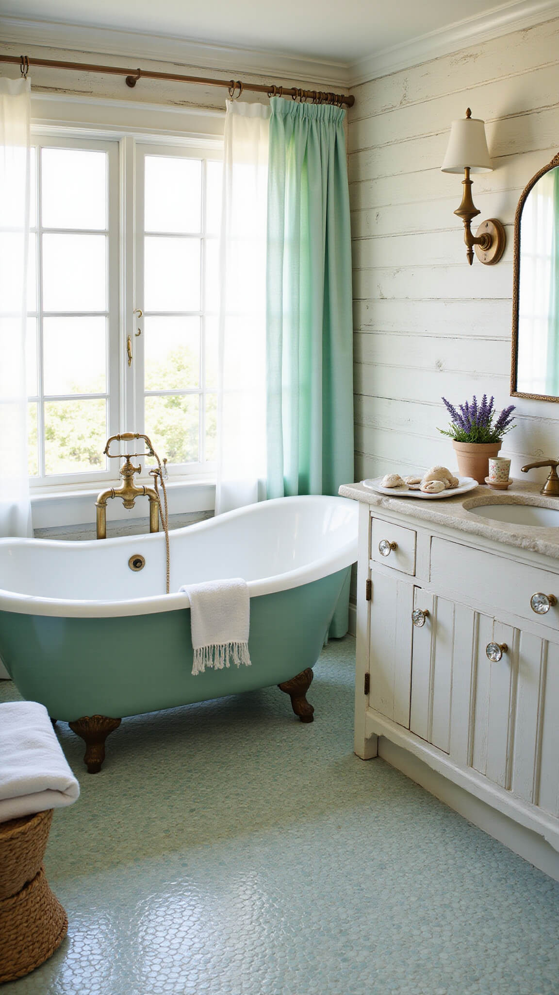 Coastal-inspired ensuite bathroom with seafoam green clawfoot tub, vintage brass fixtures, and natural light streaming through sheer curtains onto mosaic tile floor.