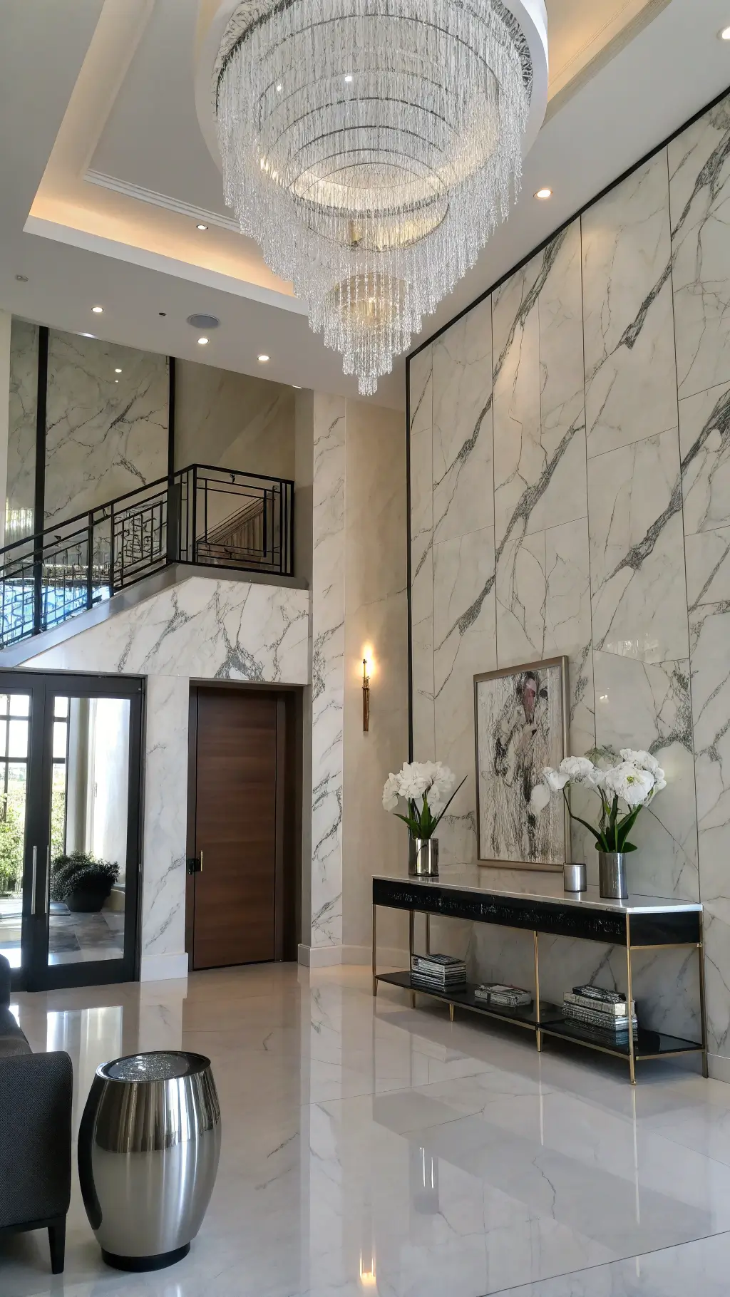 Contemporary double-height foyer with towering Calacatta marble wall, crystal chandelier, modern black console, ghost chairs, and white orchids in silver vessel.