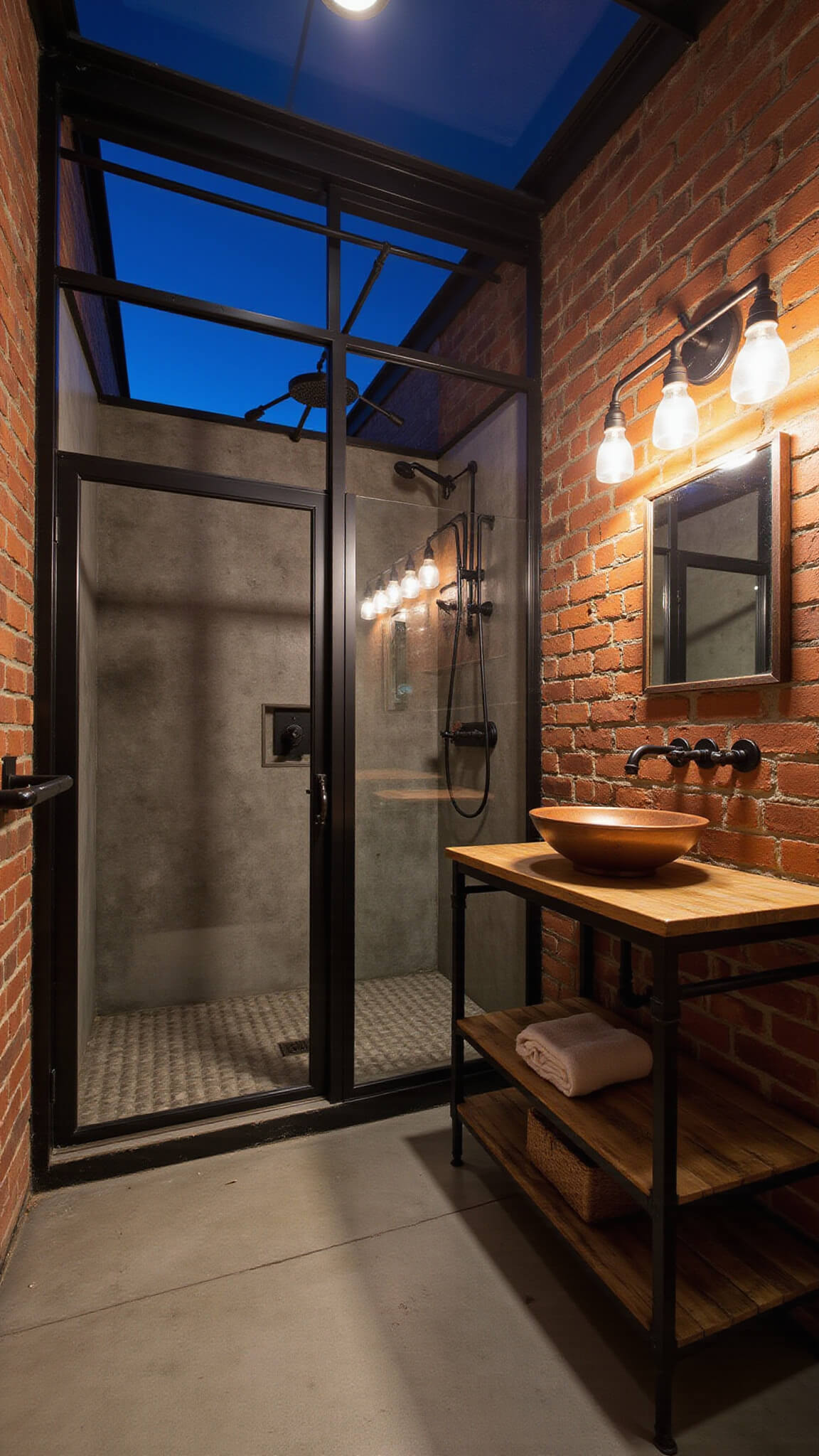 Low-angle view of industrial chic loft bathroom with exposed brick, black steel-framed shower, reclaimed wood vanity, and warm Edison lighting.