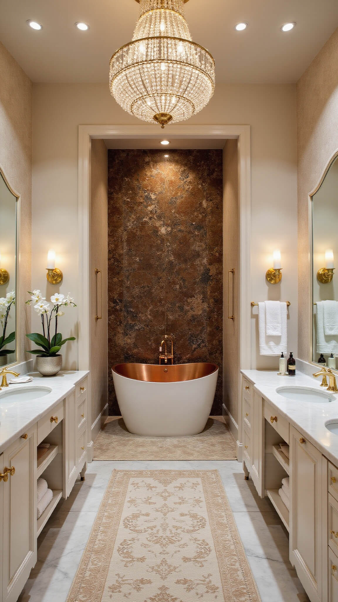 High-angle view of luxurious master bathroom with copper soaking tub, backlit onyx wall, marble surfaces, crystal chandelier, and gold-accented double vanity at dusk.