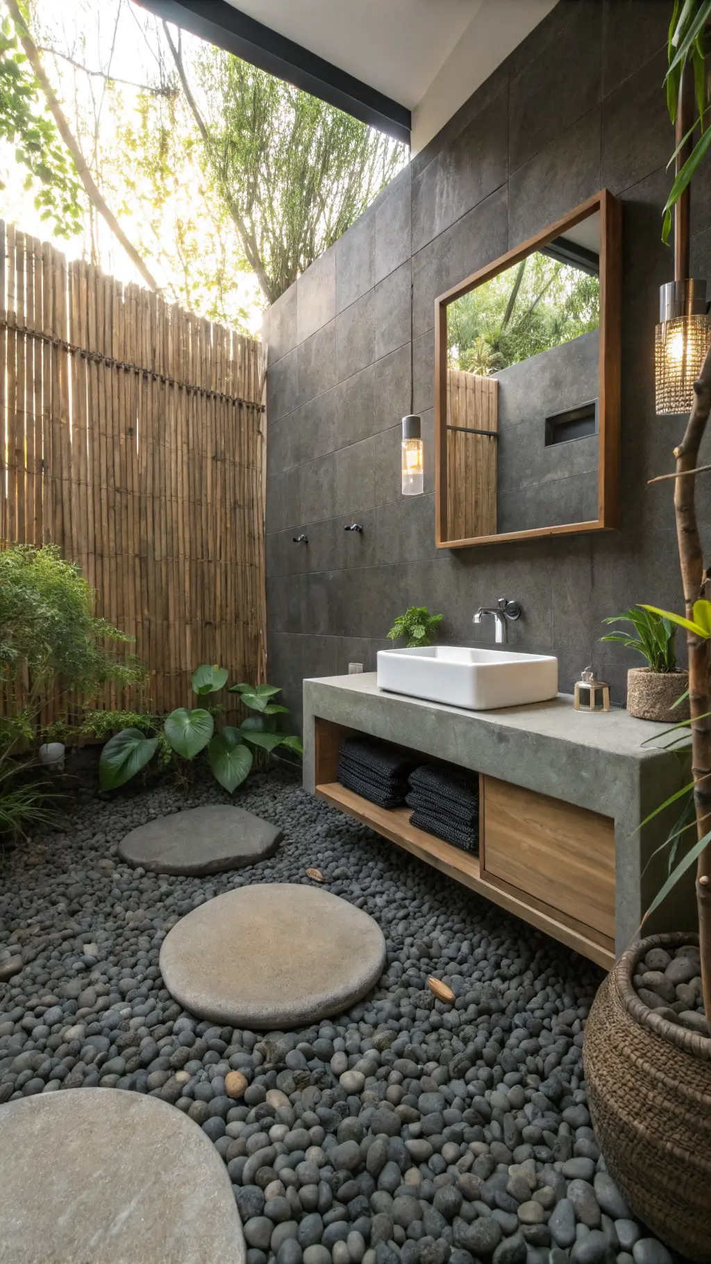 Zen garden bathroom with pebble floor, basalt wall, teak vanity, and soft morning light through bamboo screen.