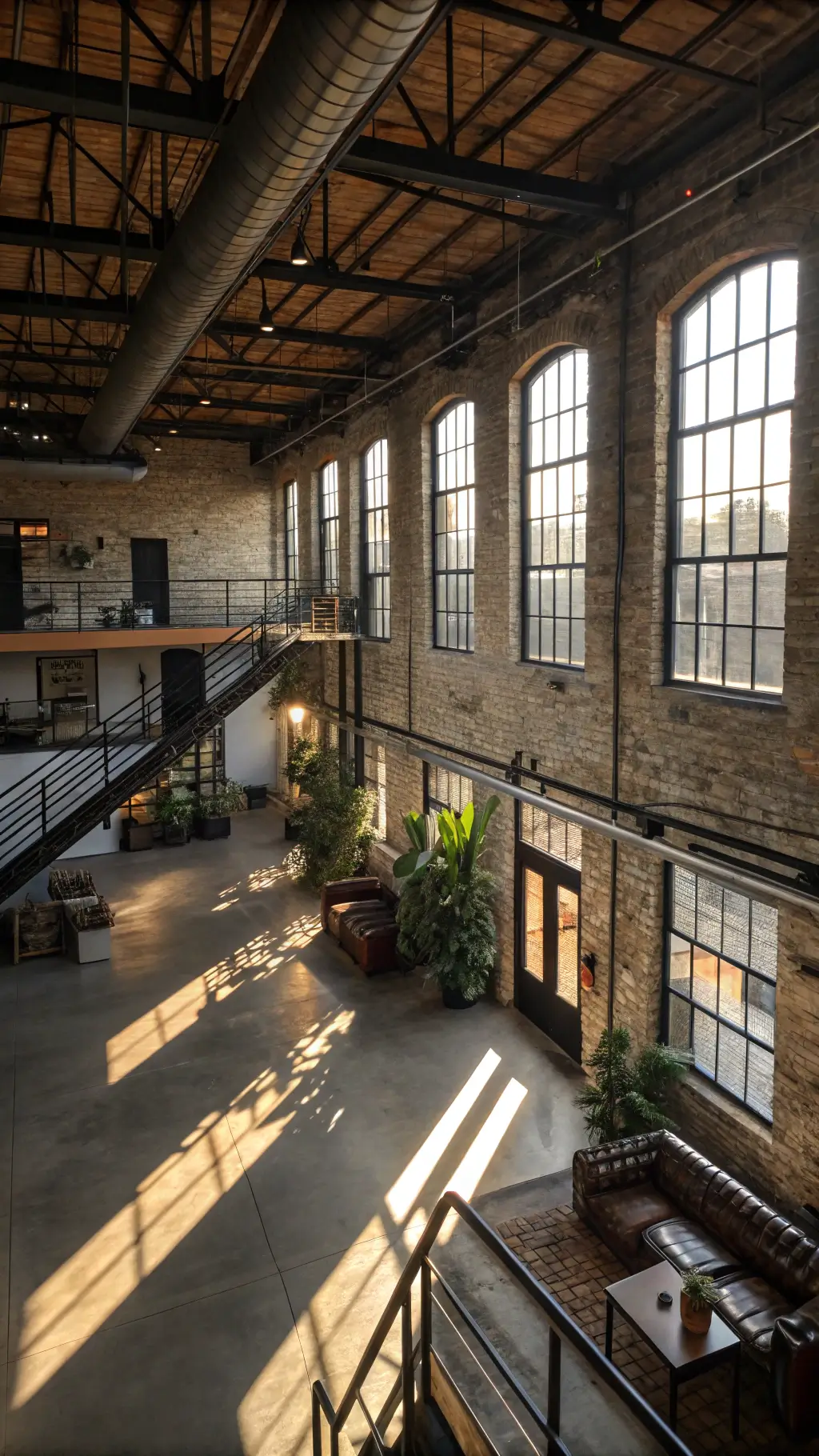 Industrial loft with exposed brick, limestone accent walls, and vintage leather furniture seen from mezzanine with dramatic late afternoon lighting.