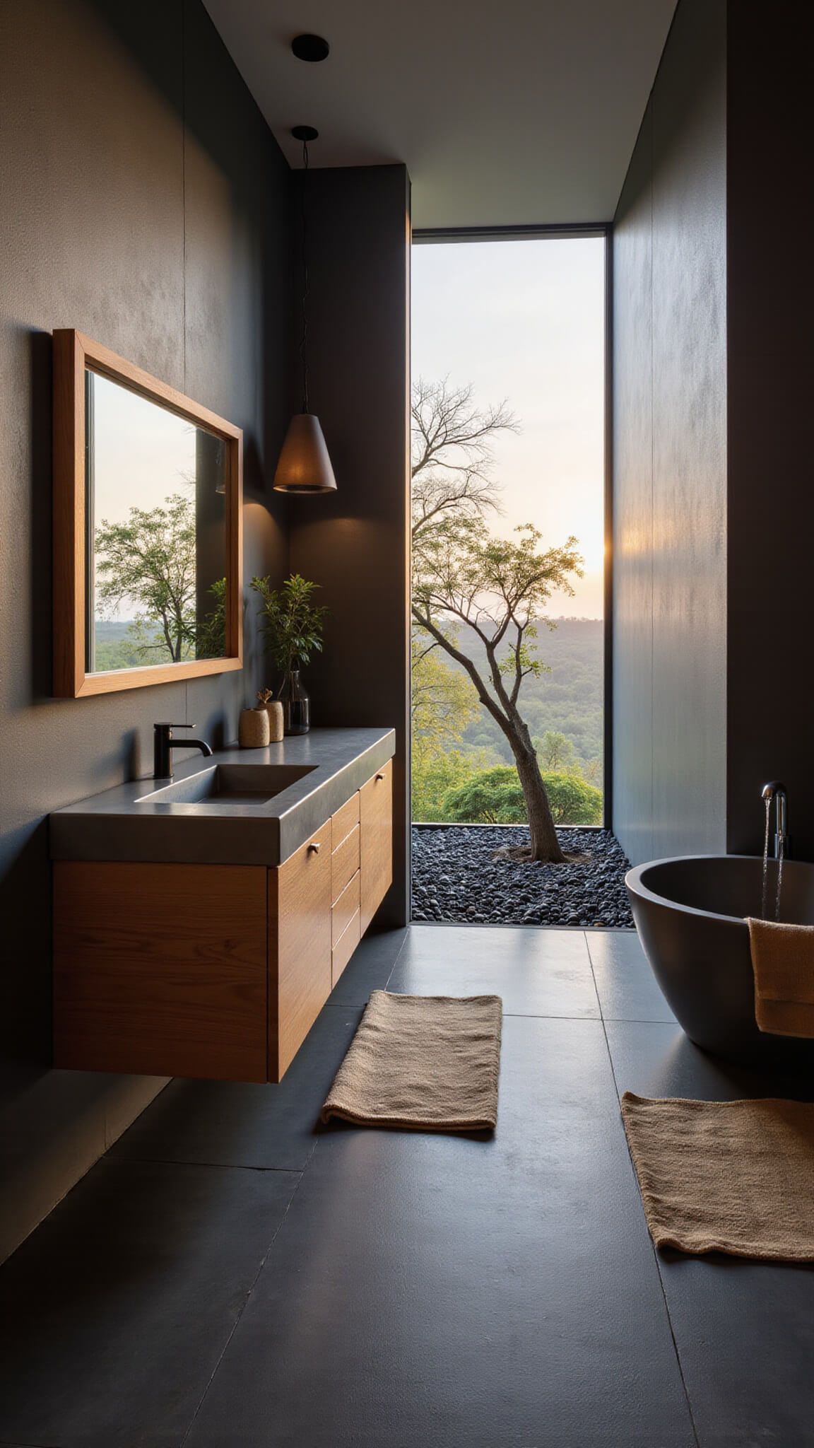 Contemporary Zen bathroom at dawn with floor-to-ceiling window, floating teak vanity, freestanding tub, charcoal tiles, and minimalist natural accents.