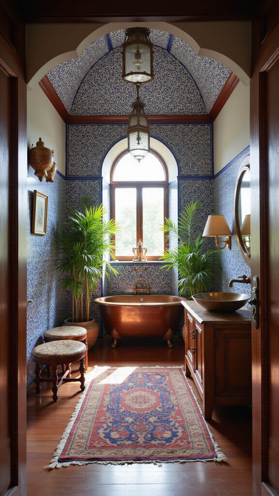 Moroccan-inspired bathroom with blue and white zellige tiles, copper tub beneath arched window, wooden vanity with brass sink, Moorish lanterns, vintage rug, ceramic vessels, and tropical plants.