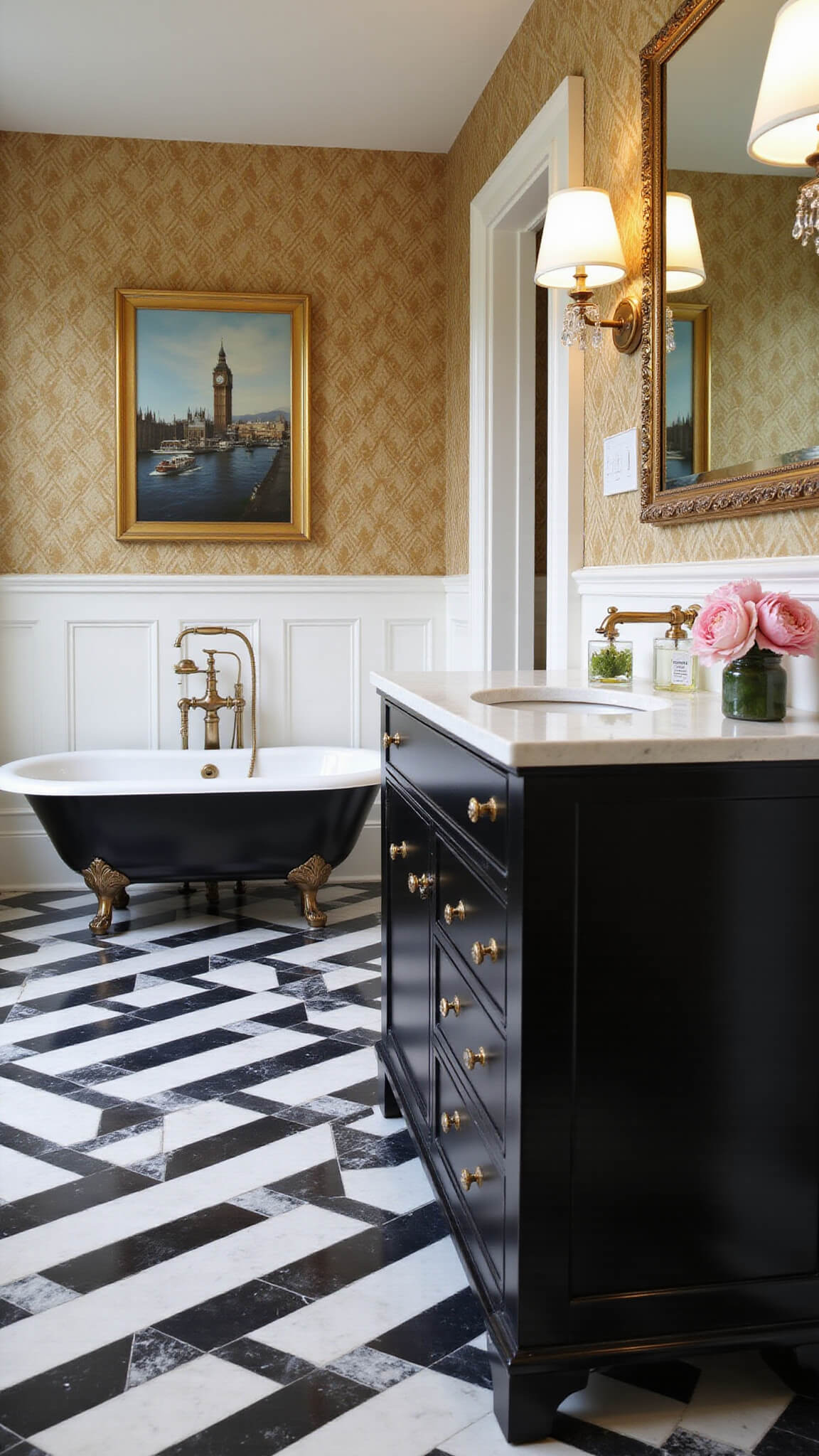 Art Deco bathroom with black and white chevron floor, gold and cream wallpaper, pedestal tub, black vanity, crystal accents, and symmetrical twilight lighting.